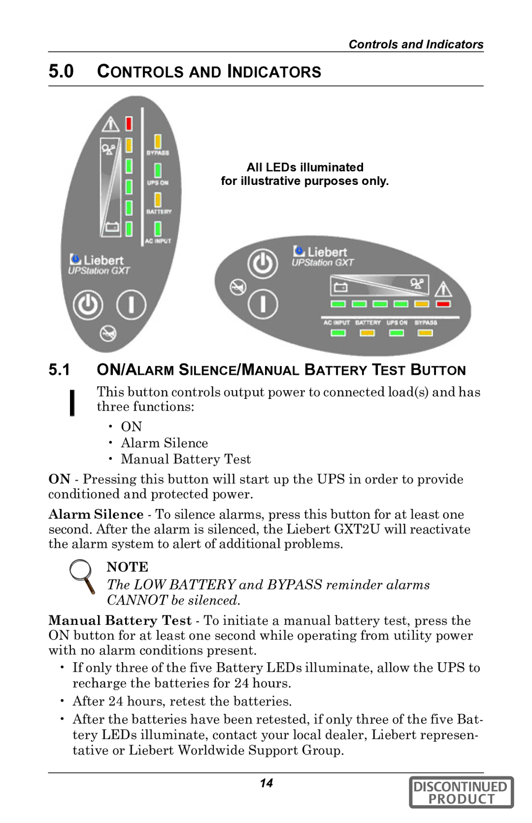 Liebert gxt2u user manual Controls and Indicators, ON/ALARM SILENCE/MANUAL Battery Test Button 