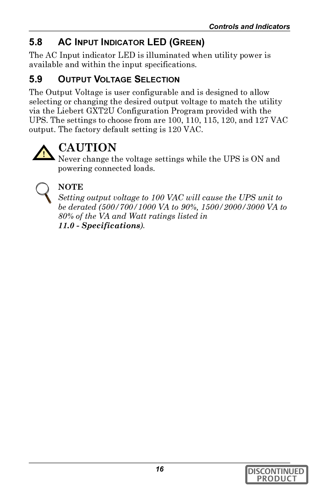 Liebert gxt2u user manual AC Input Indicator LED Green, Output Voltage Selection 