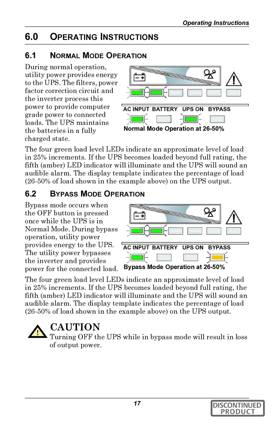 Liebert gxt2u user manual Operating Instructions, Normal Mode Operation, Bypass Mode Operation 