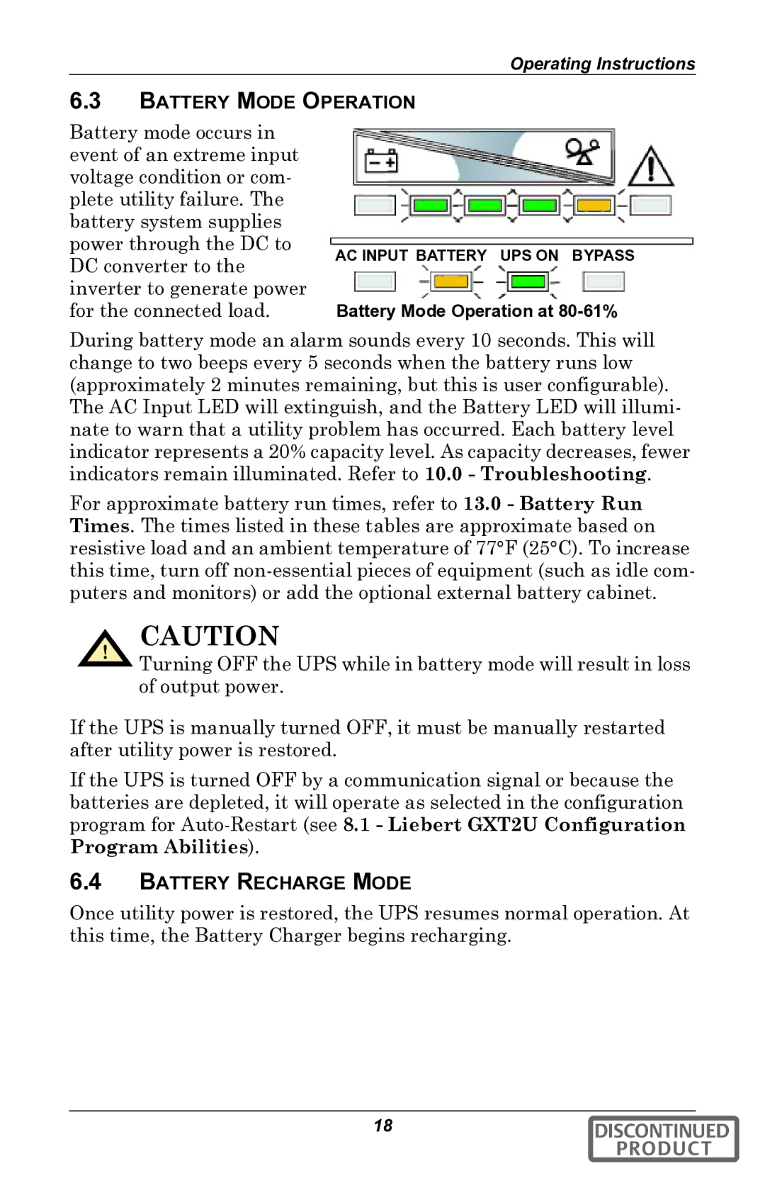 Liebert gxt2u user manual Battery Mode Operation, Battery Recharge Mode 