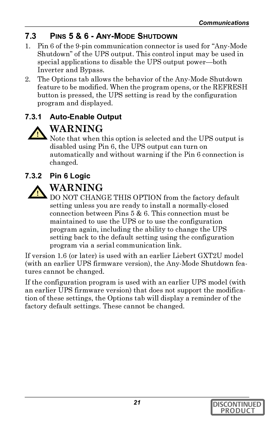 Liebert gxt2u user manual Auto-Enable Output Pin 6 Logic, Pins 5 & 6 ANY-MODE Shutdown 