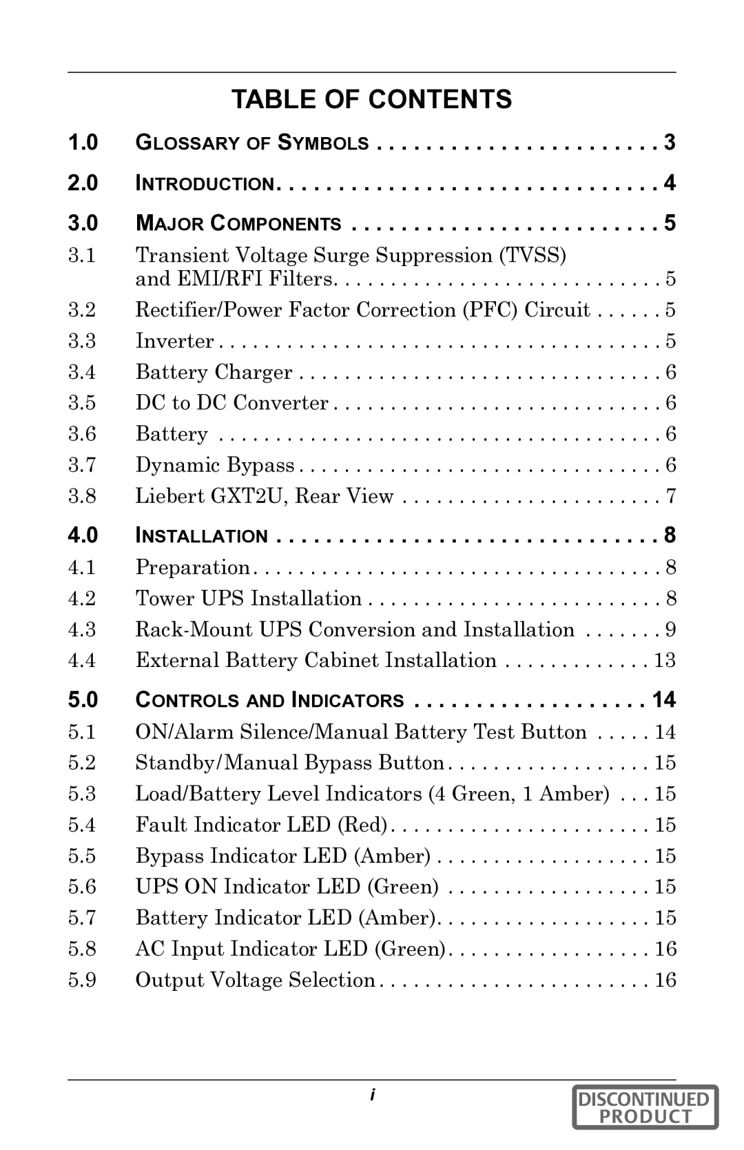 Liebert gxt2u user manual Table of Contents 