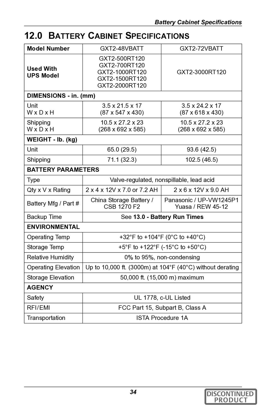 Liebert gxt2u user manual Battery Cabinet Specifications, Battery Parameters 