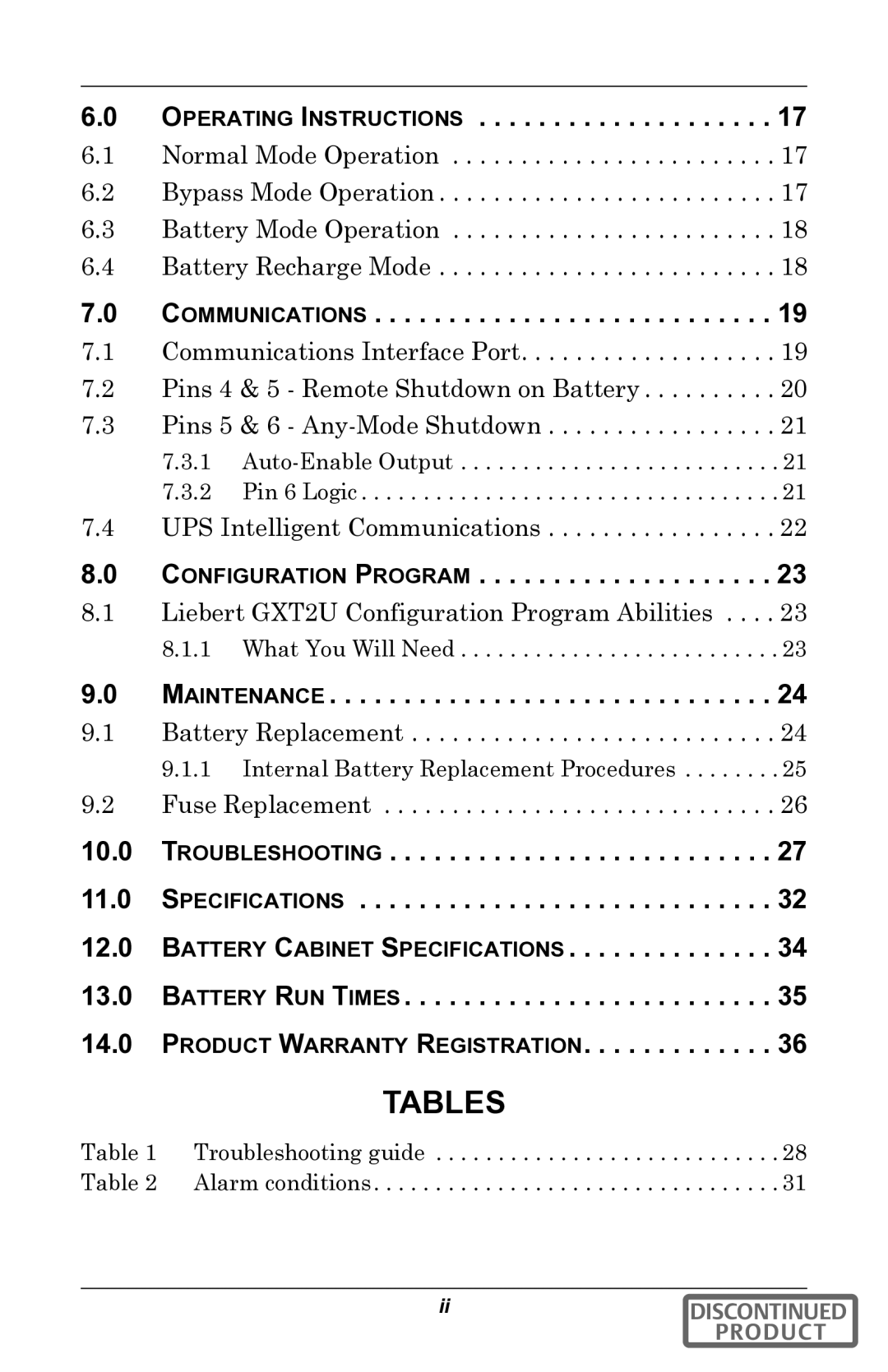 Liebert gxt2u user manual Tables 