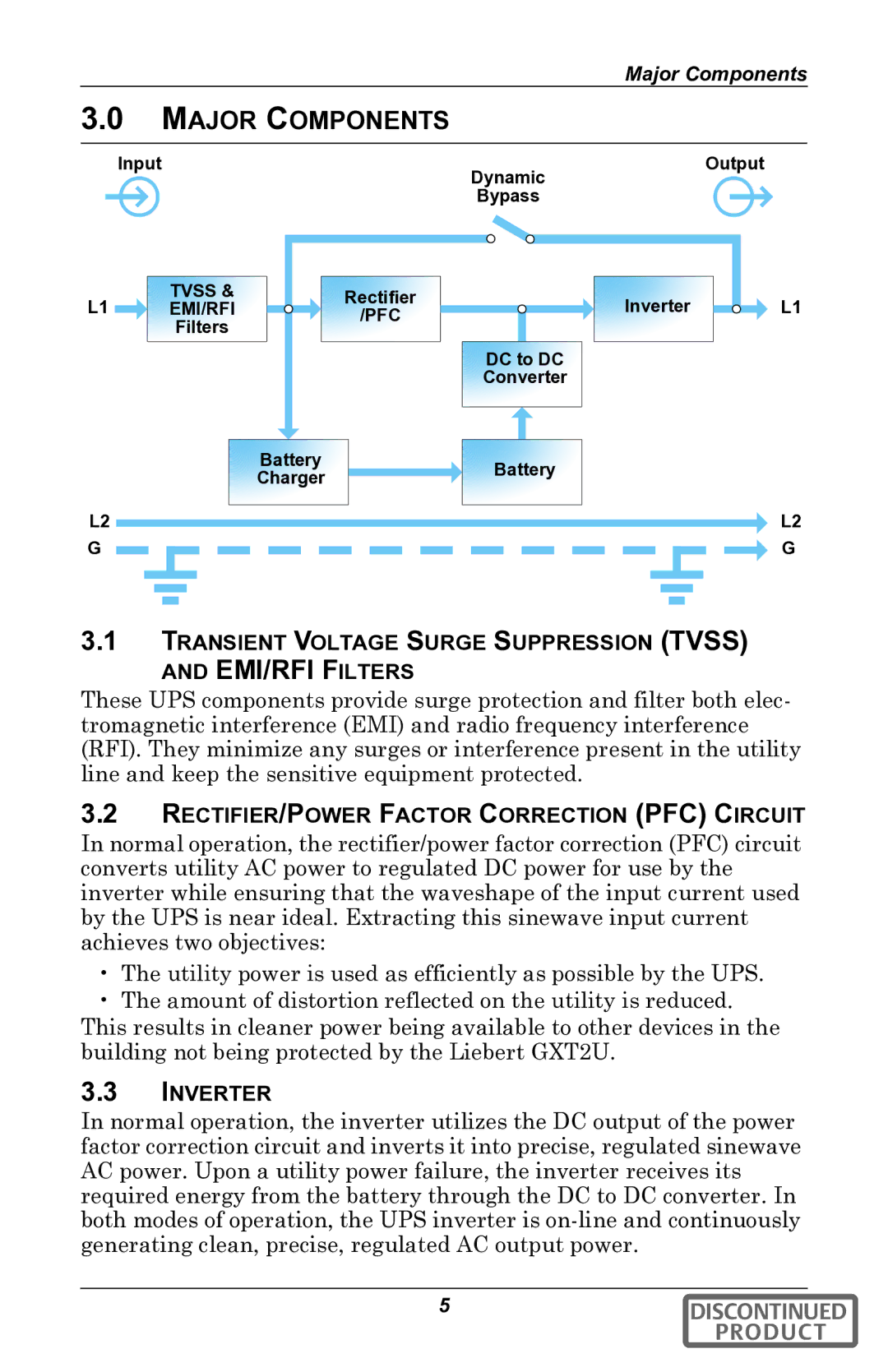 Liebert gxt2u user manual Major Components, Transient Voltage Surge Suppression Tvss EMI/RFI Filters, Inverter 