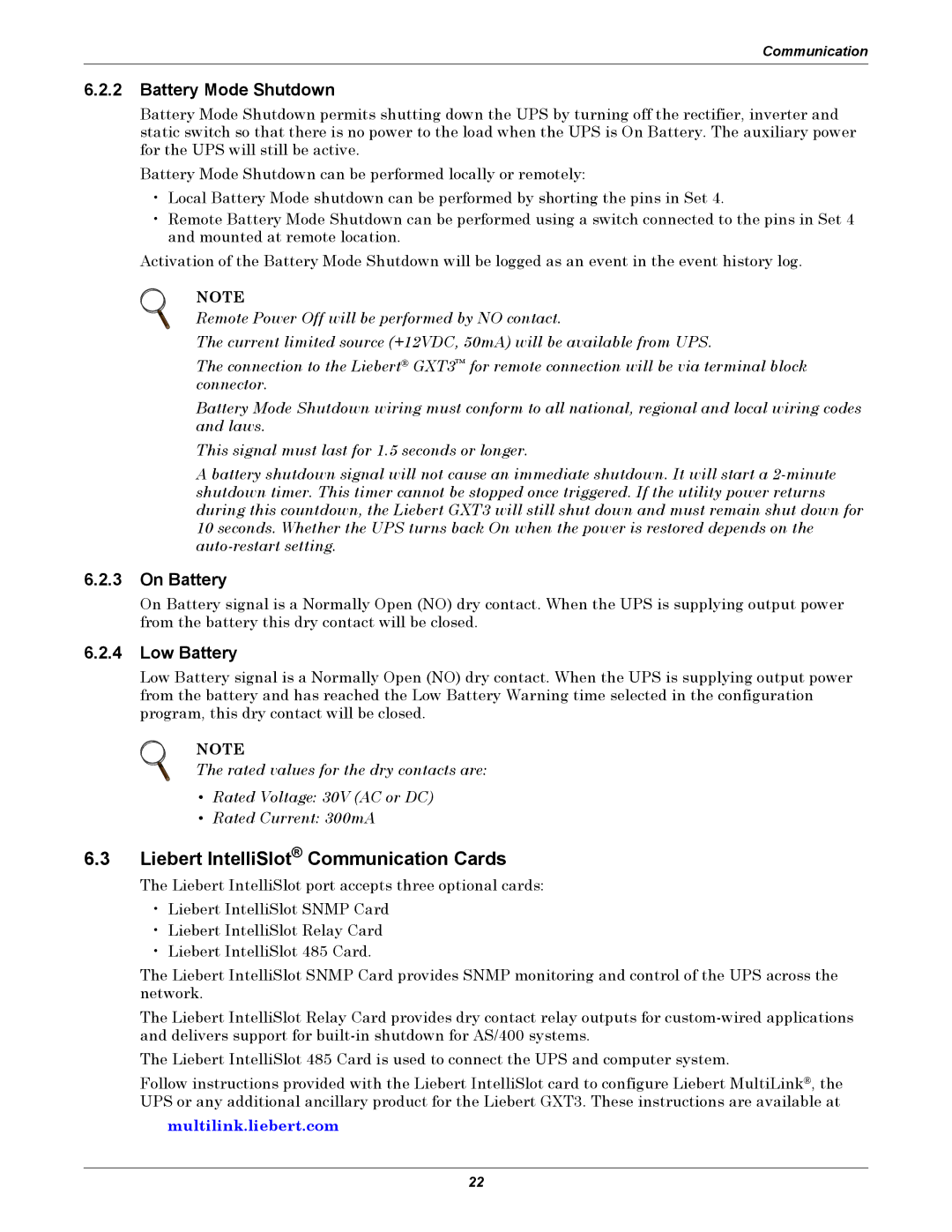 Liebert GXT3-10000T220 user manual Liebert IntelliSlot Communication Cards, Battery Mode Shutdown, On Battery, Low Battery 