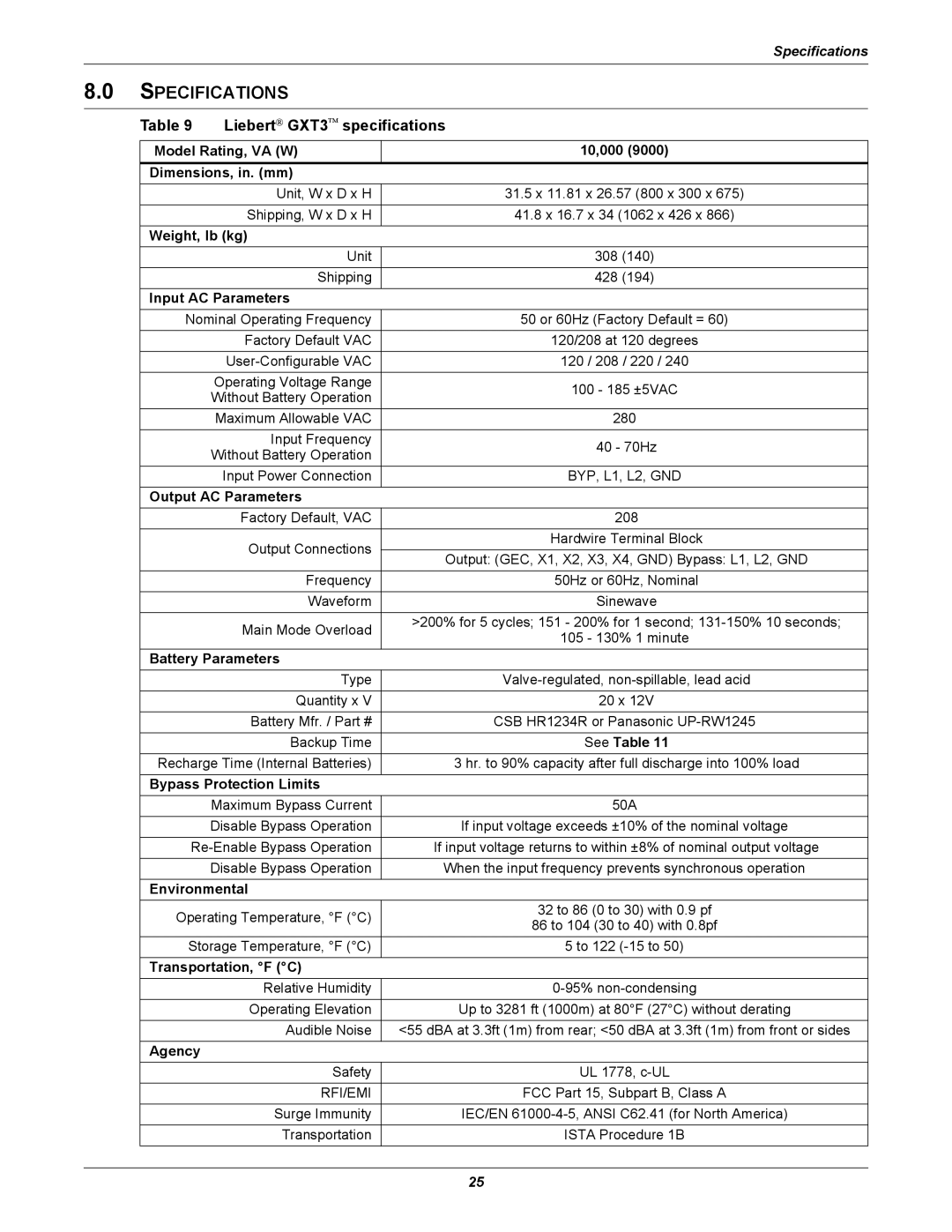 Liebert GXT3-10000T220 user manual Specifications, Liebert GXT3 specifications 