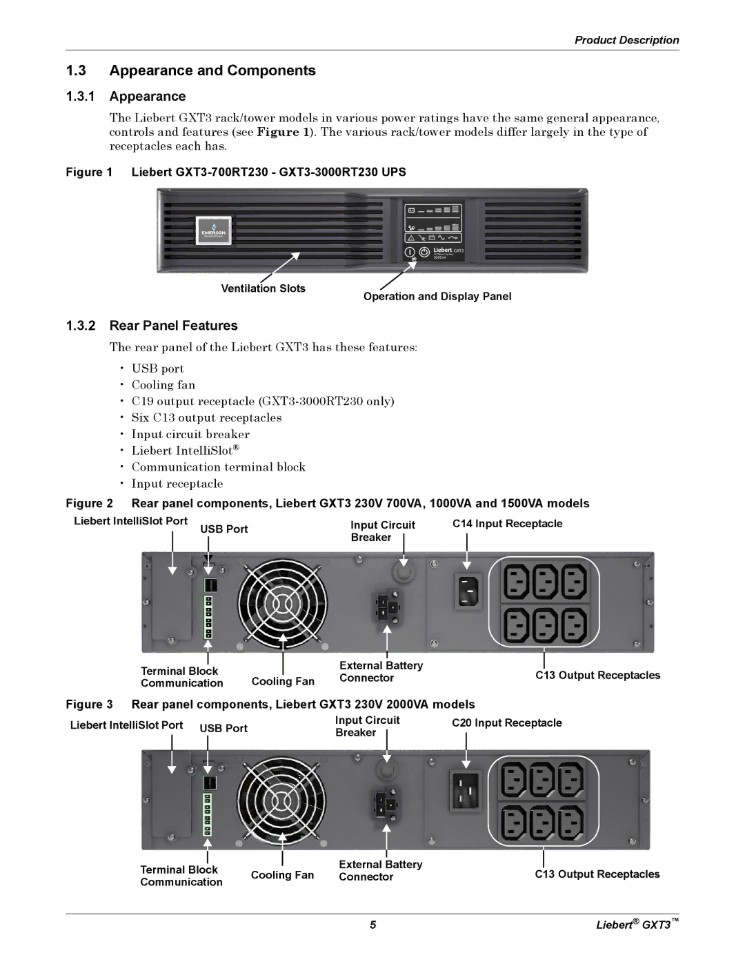 Liebert 3000VA, GXT3, 700VA Appearance and Components, Rear Panel Features, Ventilation Slots Operation and Display Panel 