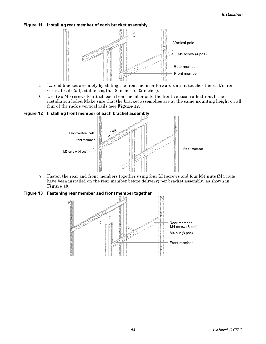 Liebert 700VA, GXT3, 3000VA user manual Installing rear member of each bracket assembly 