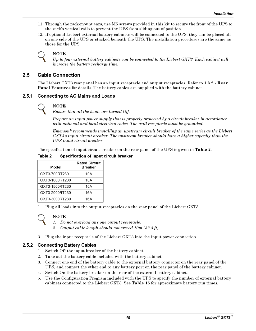 Liebert GXT3, 700VA, 3000VA user manual Cable Connection, Connecting to AC Mains and Loads, Connecting Battery Cables 