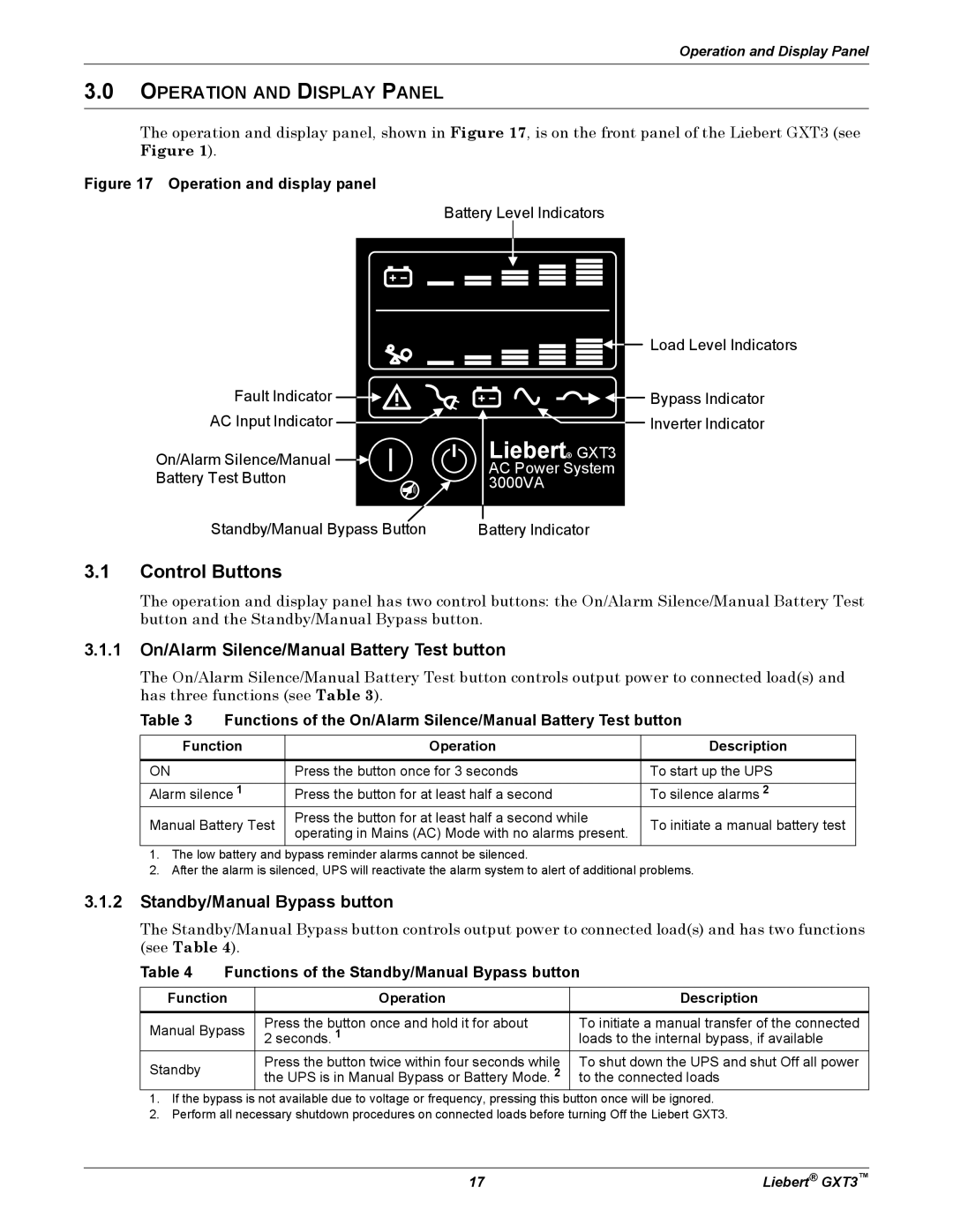 Liebert 3000VA, GXT3, 700VA Control Buttons, Operation and Display Panel, 1 On/Alarm Silence/Manual Battery Test button 