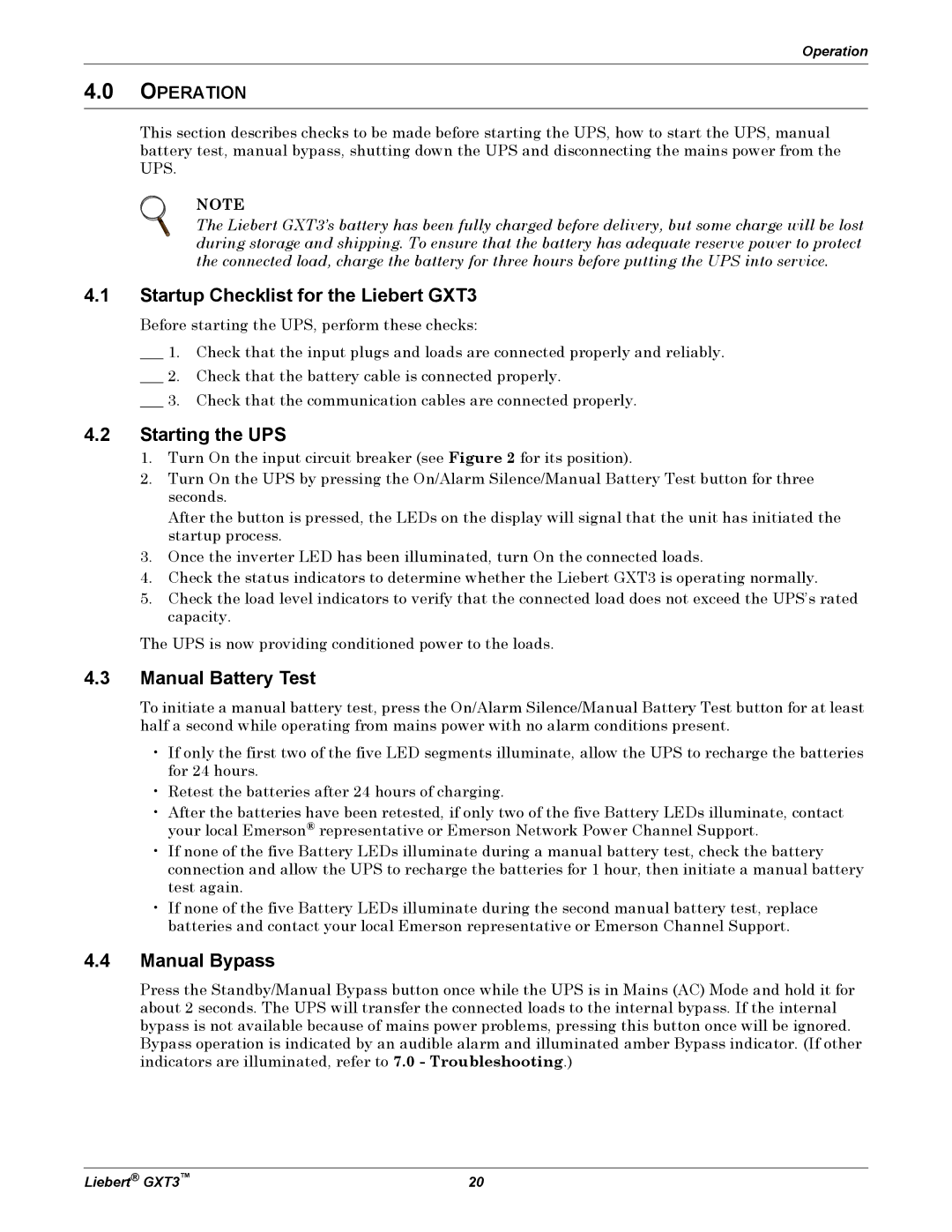 Liebert 3000VA Startup Checklist for the Liebert GXT3, Starting the UPS, Manual Battery Test, Manual Bypass, Operation 