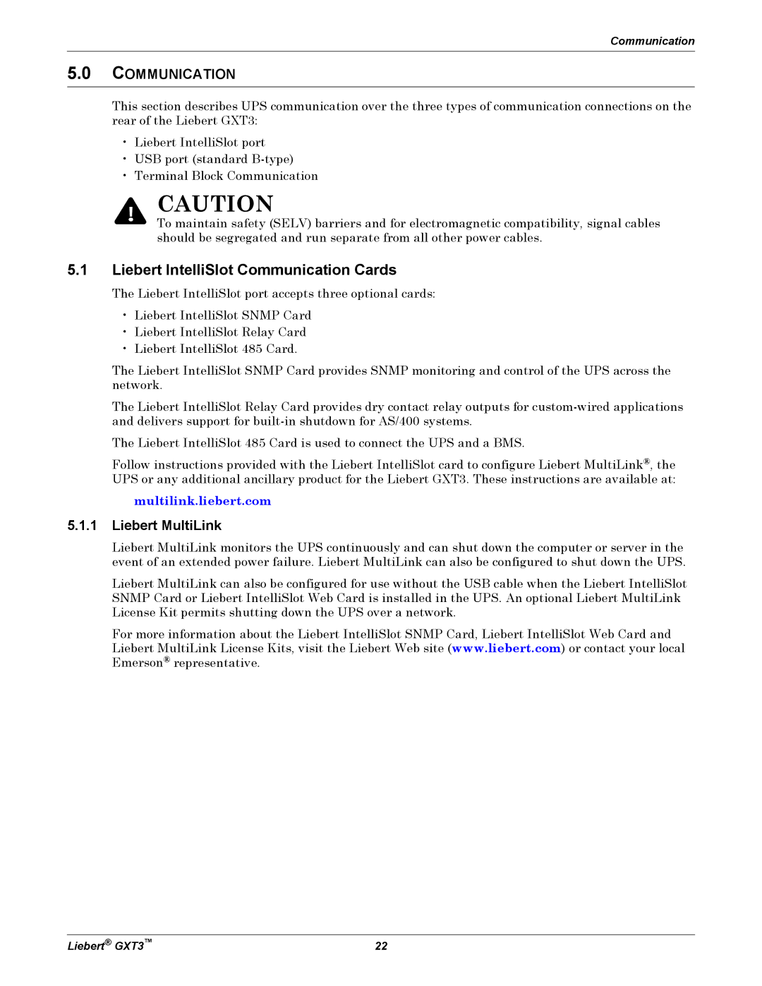 Liebert 700VA, GXT3, 3000VA user manual Liebert IntelliSlot Communication Cards, Liebert MultiLink 