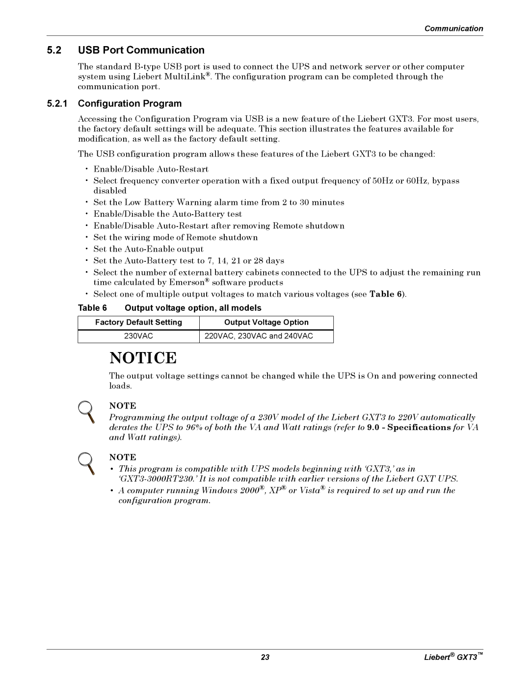 Liebert 3000VA, GXT3, 700VA user manual USB Port Communication, Configuration Program, Output voltage option, all models 