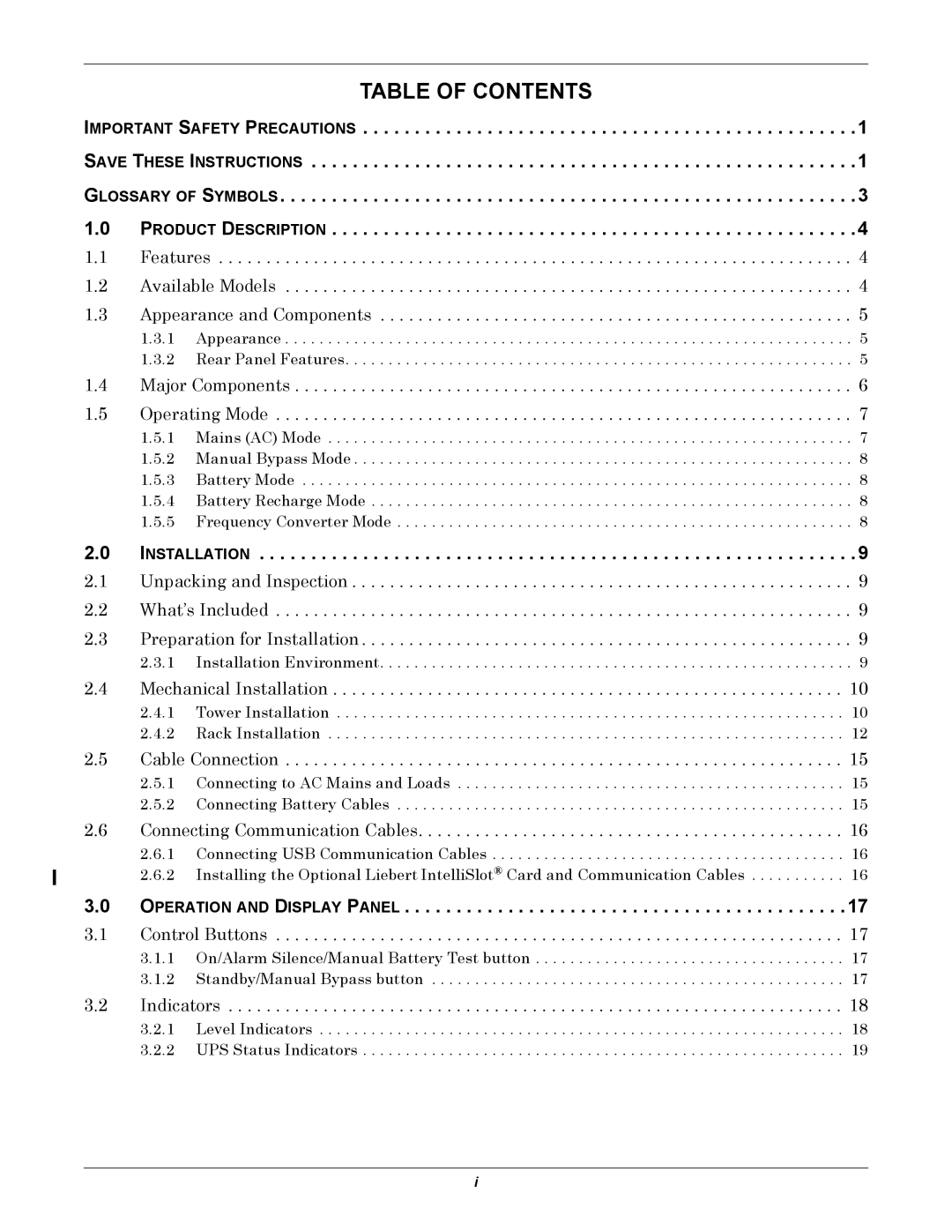 Liebert GXT3, 700VA, 3000VA user manual Table of Contents 