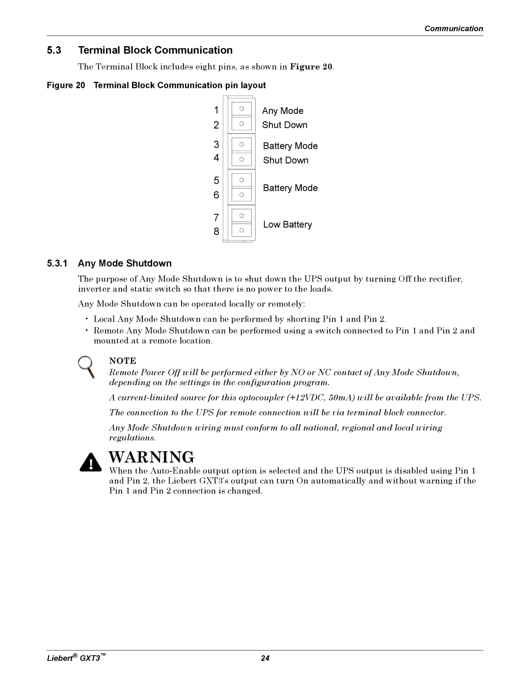 Liebert GXT3, 700VA, 3000VA user manual Terminal Block Communication, Any Mode Shutdown 