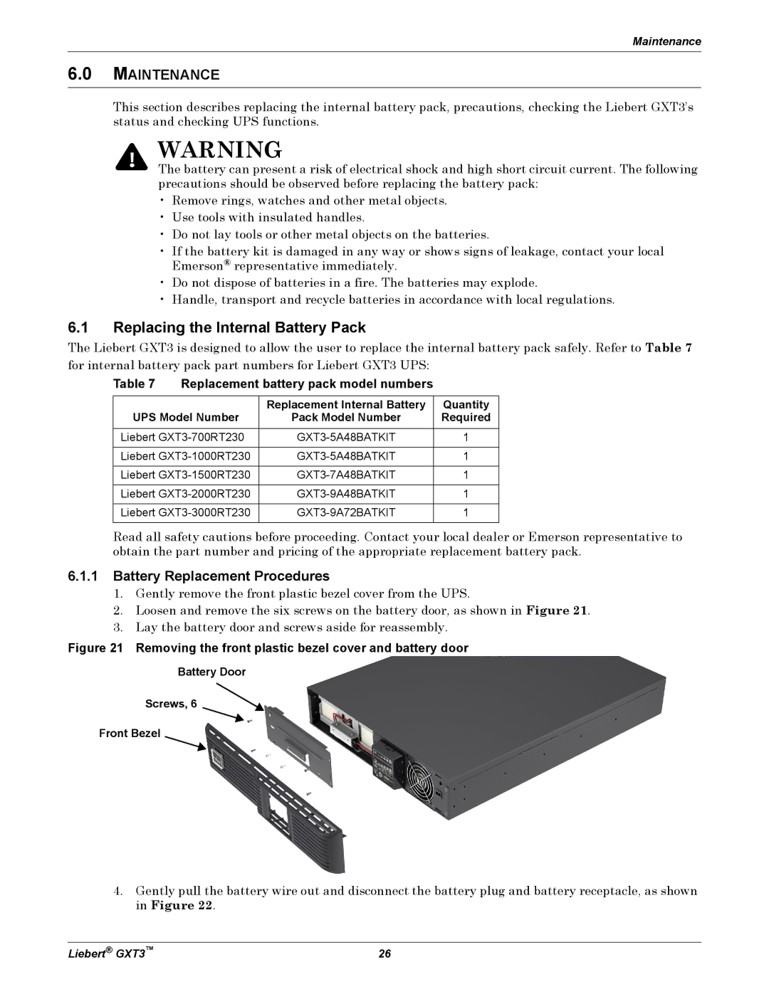 Liebert 3000VA, GXT3, 700VA user manual Replacing the Internal Battery Pack, Maintenance, Battery Replacement Procedures 