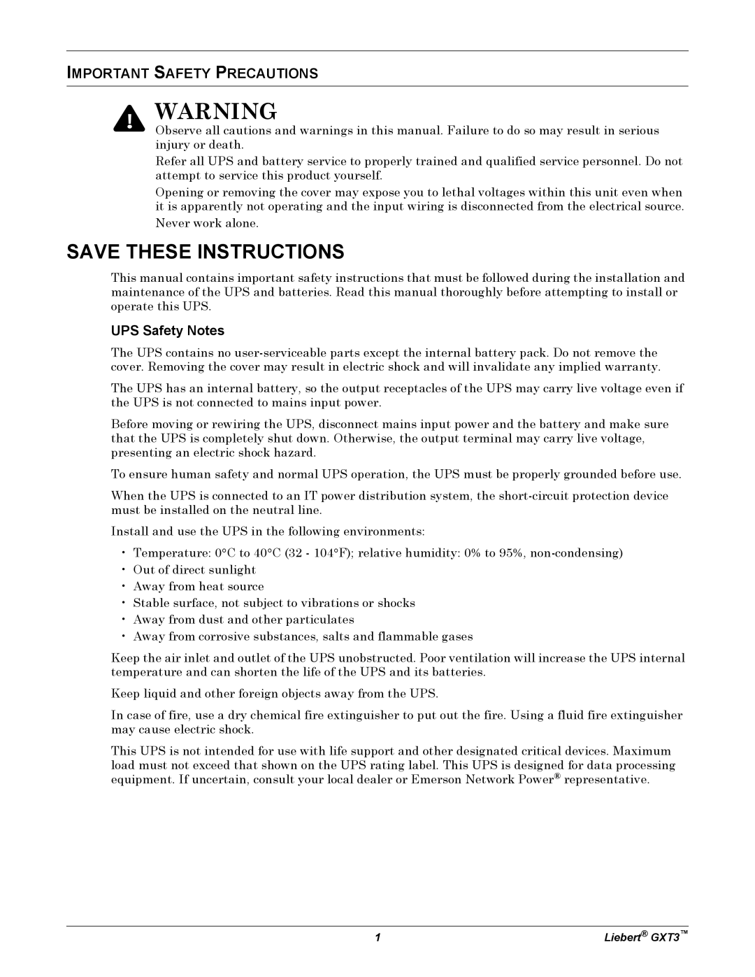 Liebert 700VA, GXT3, 3000VA user manual Important Safety Precautions, UPS Safety Notes 