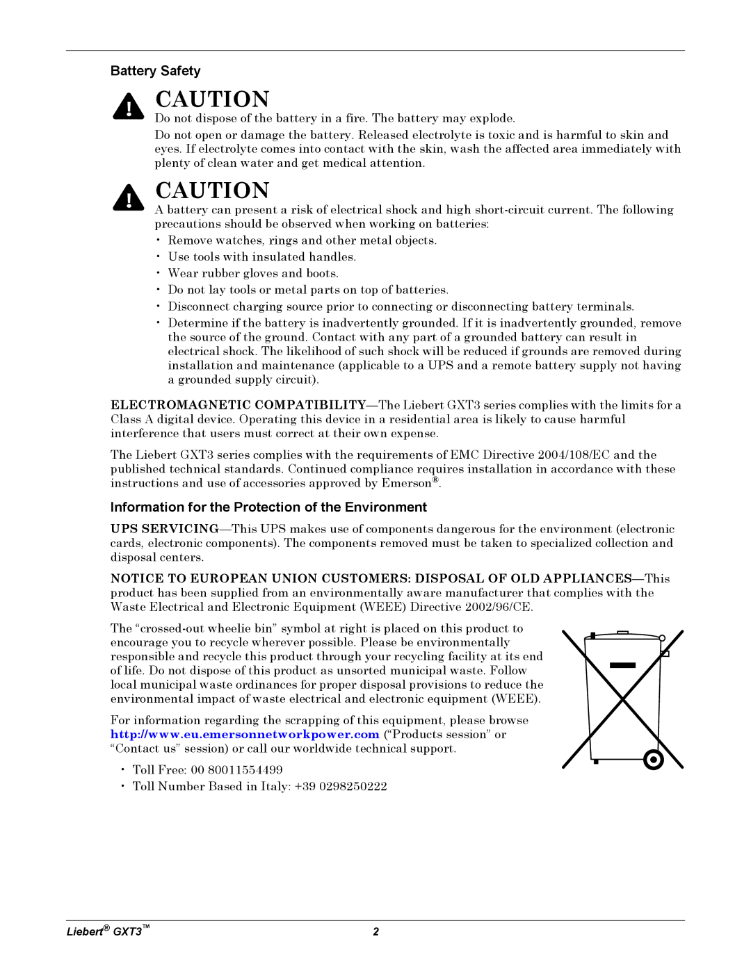 Liebert 3000VA, GXT3, 700VA user manual Battery Safety, Information for the Protection of the Environment 