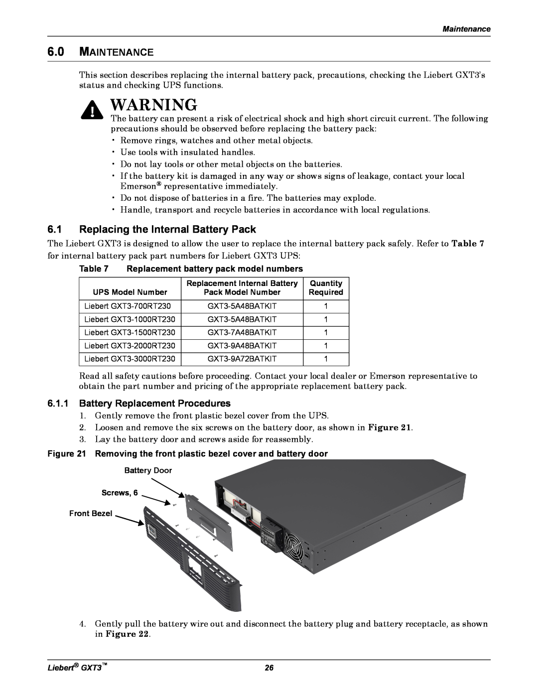 Liebert 3000VA, GXT3, 700VA user manual Replacing the Internal Battery Pack, Maintenance, Battery Replacement Procedures 