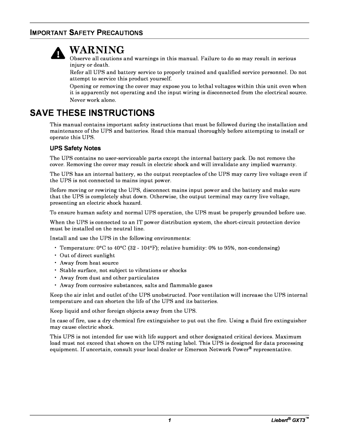Liebert 700VA, GXT3, 3000VA user manual Important Safety Precautions, UPS Safety Notes, Save These Instructions 