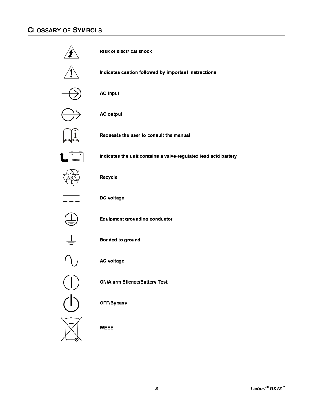 Liebert GXT3 Glossary Of Symbols, Risk of electrical shock, Indicates caution followed by important instructions AC input 