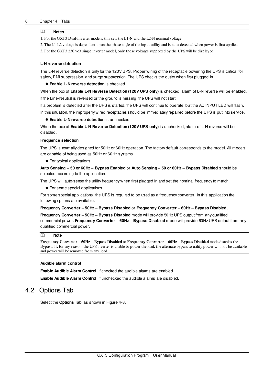 Liebert GXT3 user manual Options Tab 