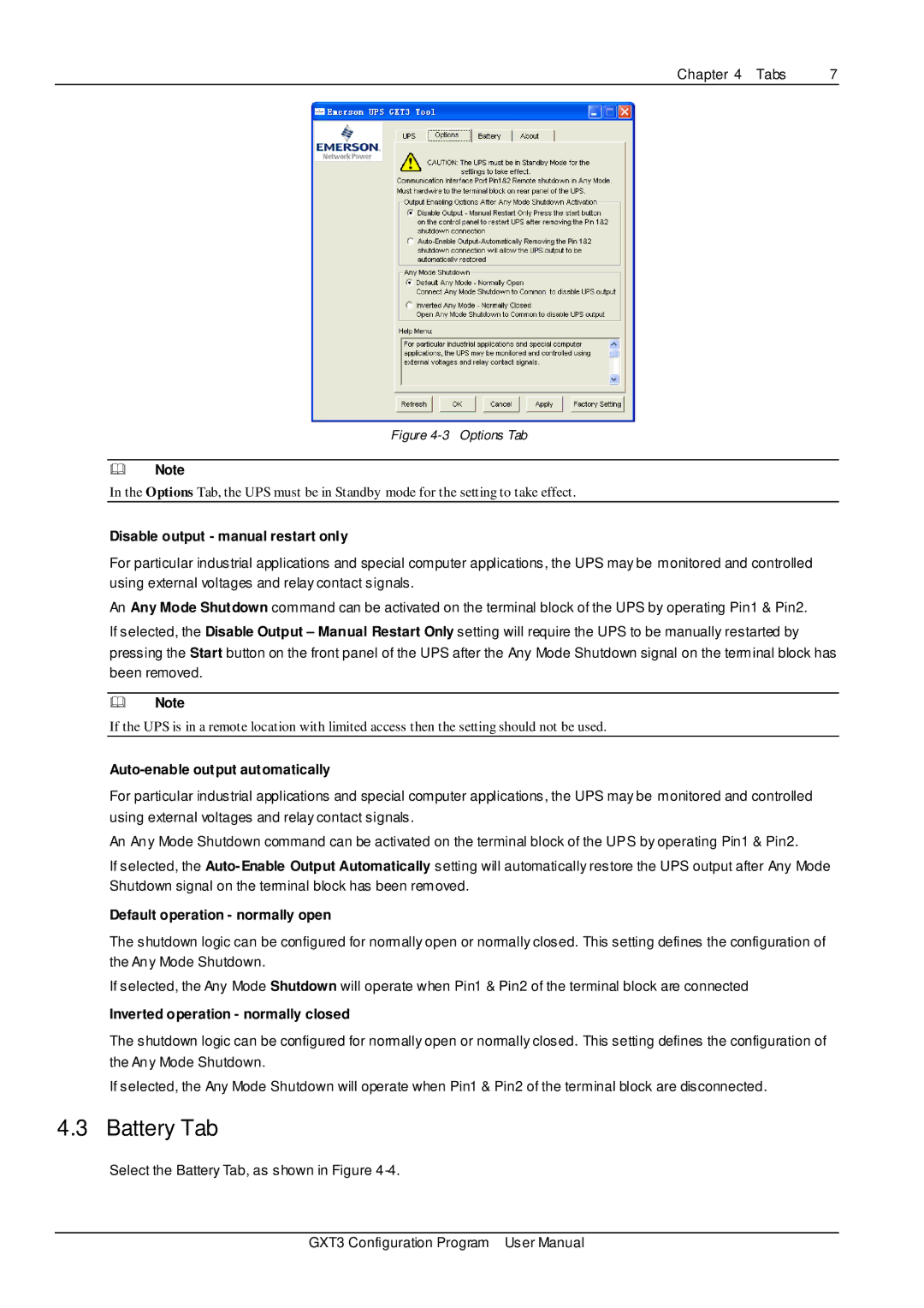 Liebert GXT3 user manual Battery Tab, Disable output manual restart only, Auto-enable output automatically 