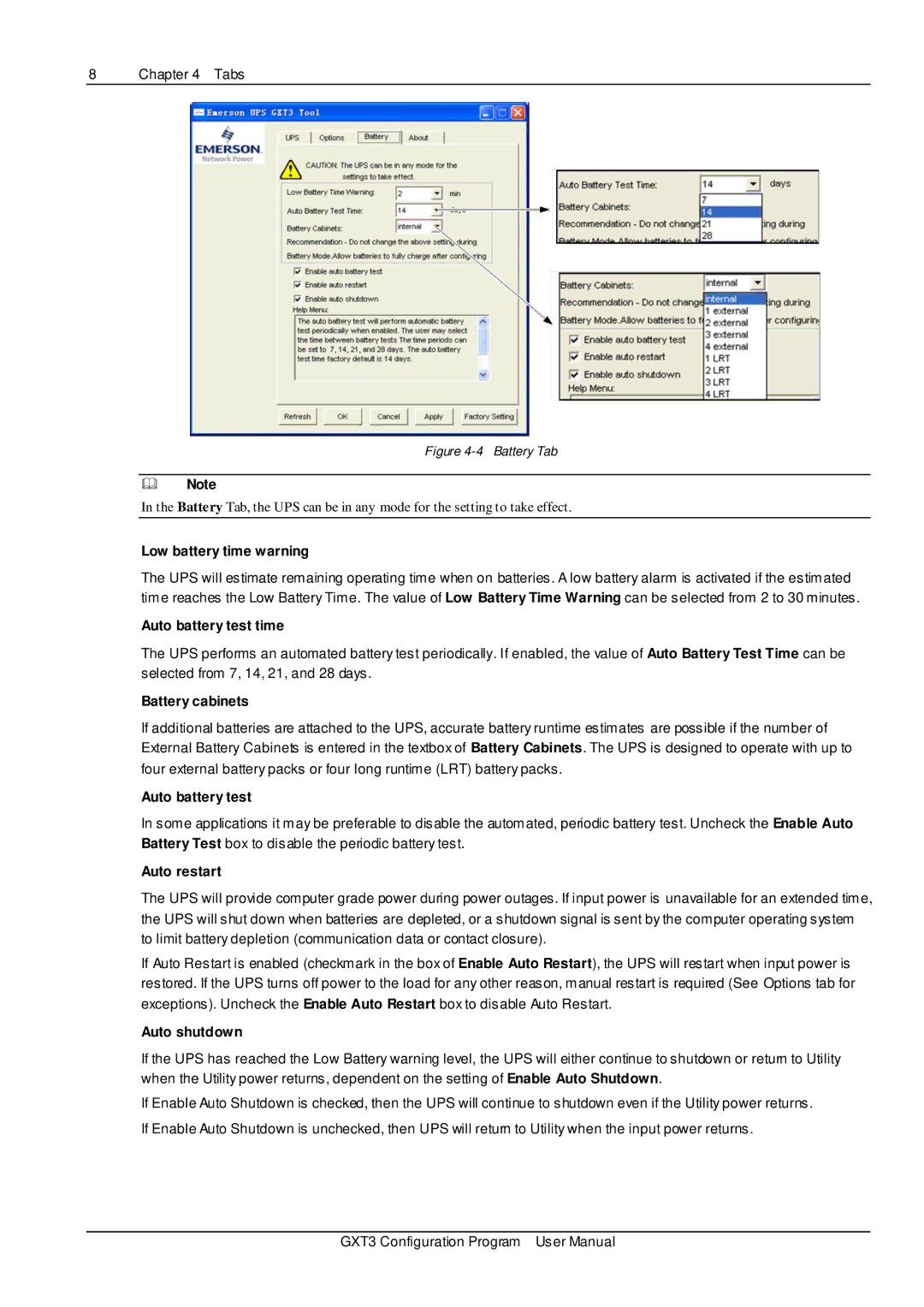 Liebert GXT3 user manual Low battery time warning, Auto battery test time, Battery cabinets, Auto restart, Auto shutdown 