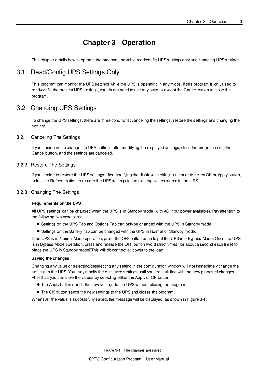 Liebert GXT3 Operation, Read/Config UPS Settings Only, Changing UPS Settings, Requirements on the UPS, Saving the changes 