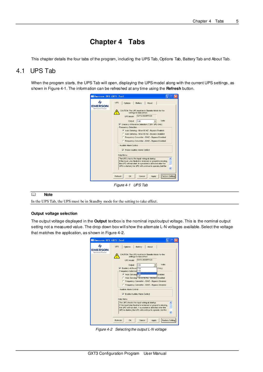 Liebert GXT3 user manual Tabs, UPS Tab, Output voltage selection 