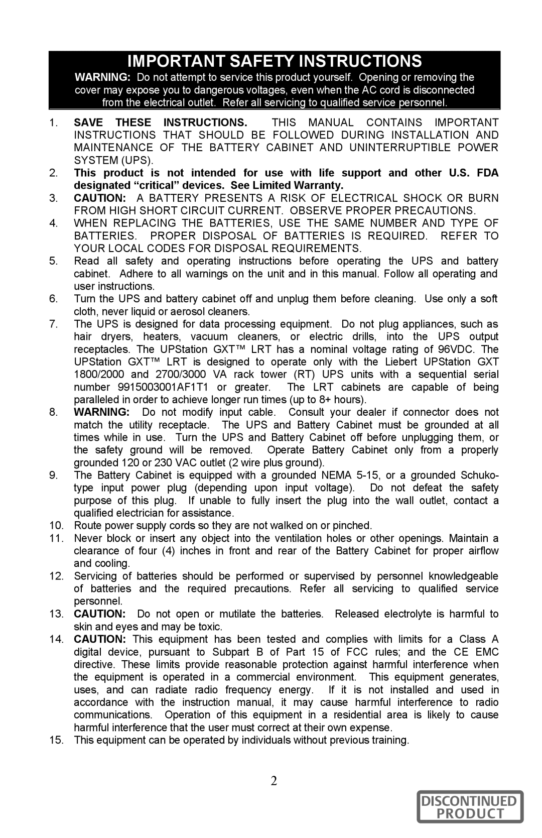 Liebert GXT96VLRT2UL user manual Important Safety Instructions 