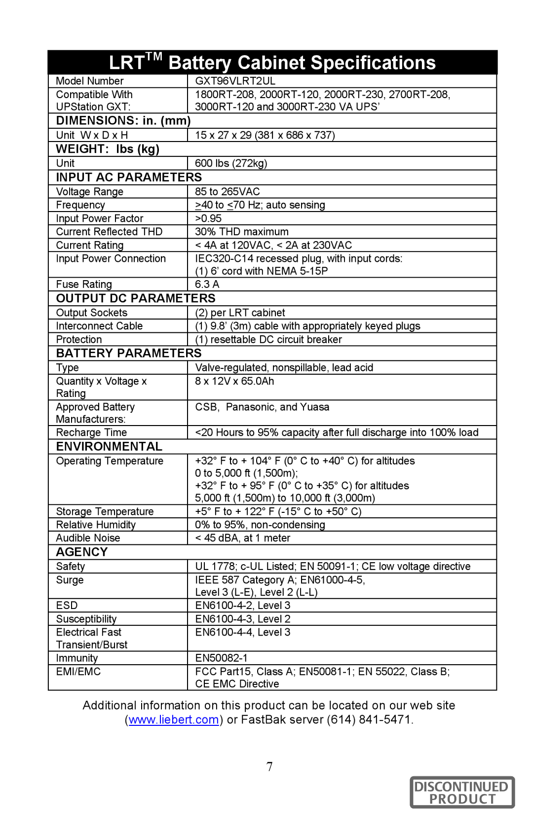 Liebert GXT96VLRT2UL user manual Lrttm Battery Cabinet Specifications 