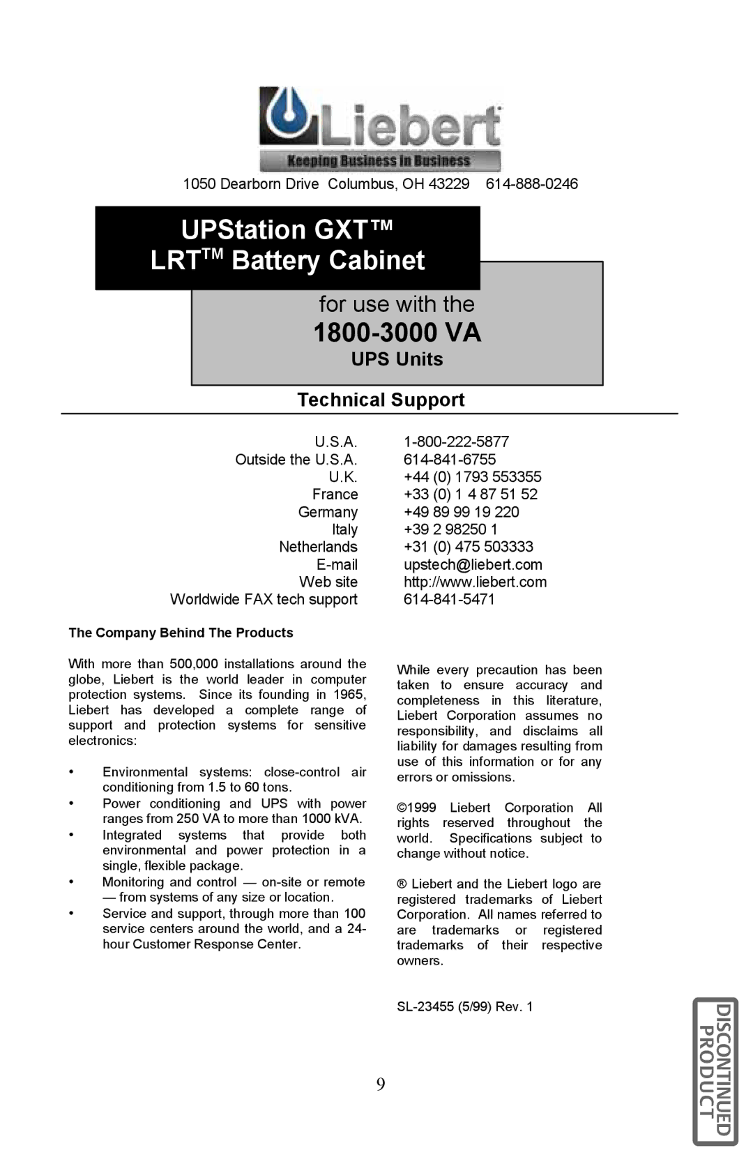 Liebert GXT96VLRT2UL user manual UPStation GXT Lrttm Battery Cabinet, 1800-3000 VA 