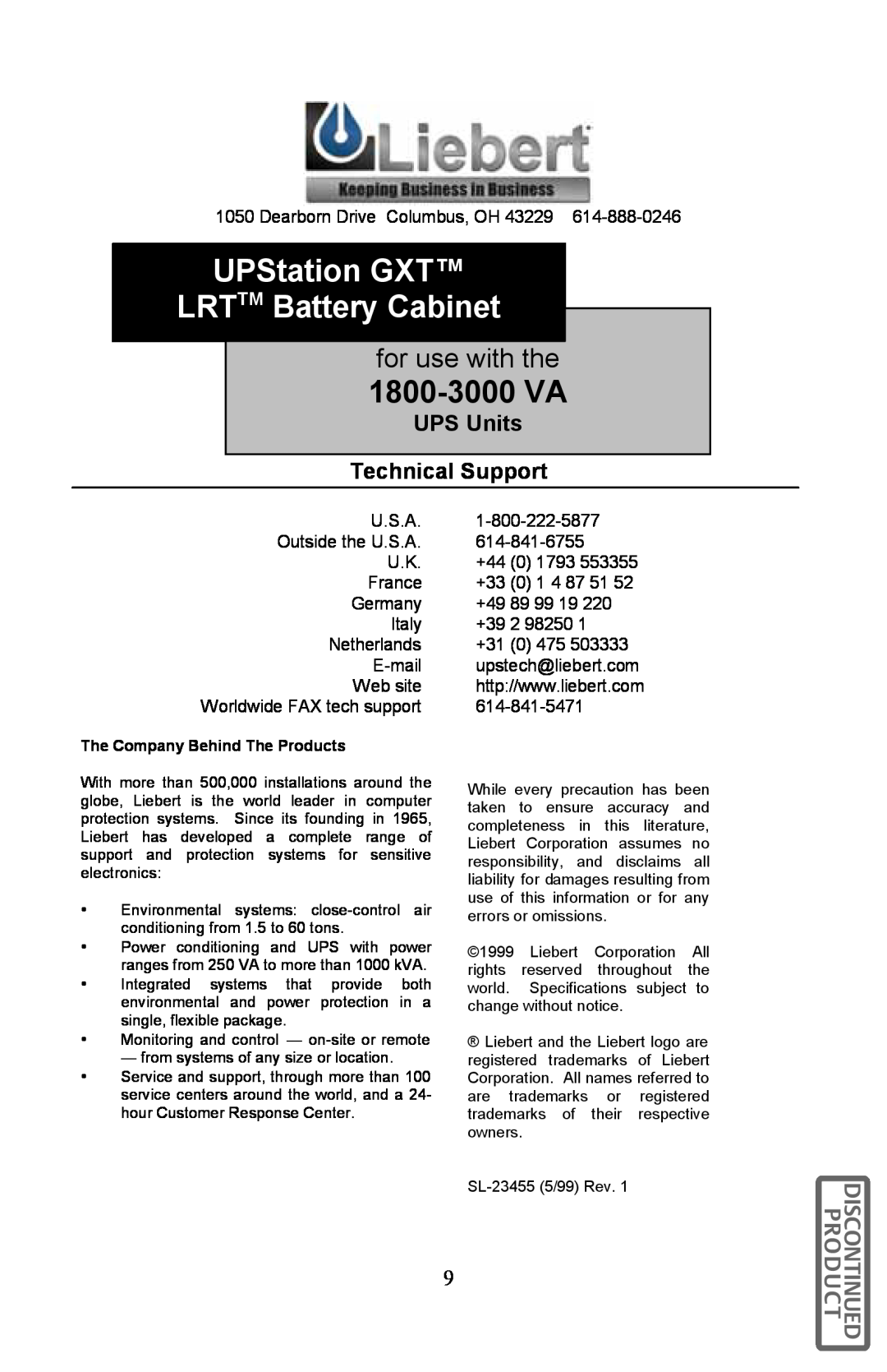 Liebert GXT96VLRT2UL UPStation GXT LRTTM Battery Cabinet, 1800-3000 VA, for use with the, UPS Units Technical Support 