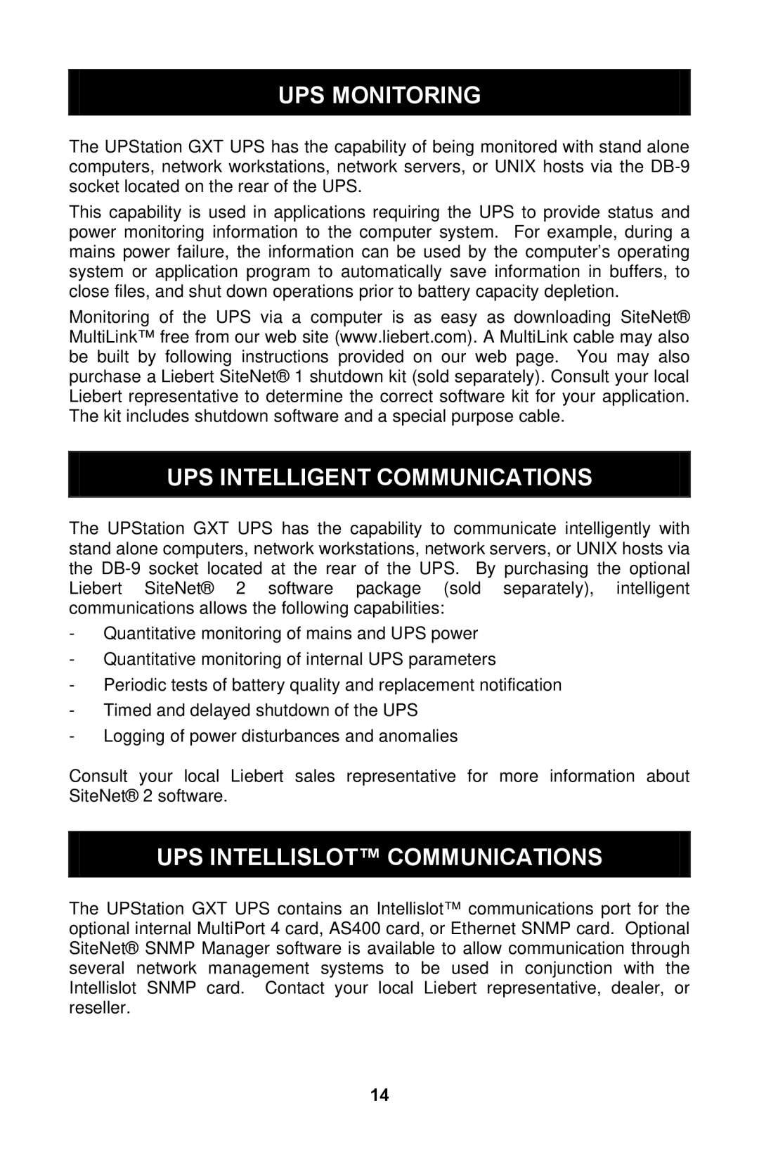 Liebert GXTTM user manual UPS Monitoring, UPS Intelligent Communications, UPS Intellislot Communications 