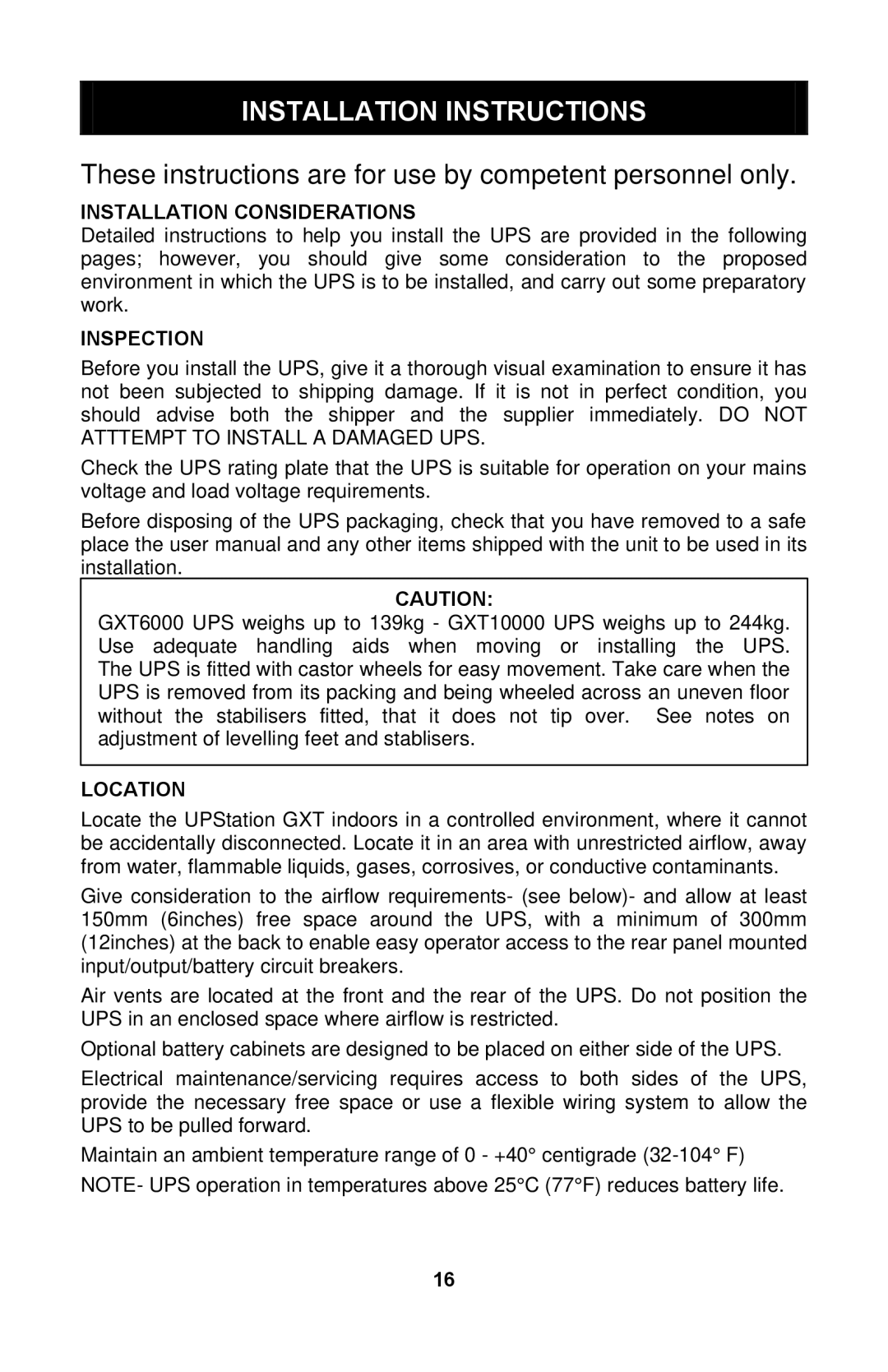 Liebert GXTTM user manual Installation Instructions, Installation Considerations, Inspection, Location 