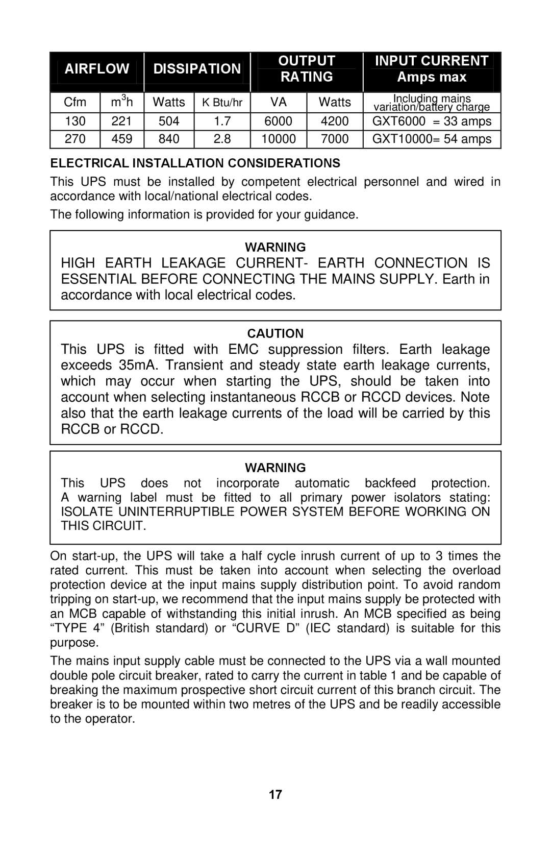 Liebert GXTTM user manual Airflow Dissipation Output Input Current Rating, Electrical Installation Considerations 