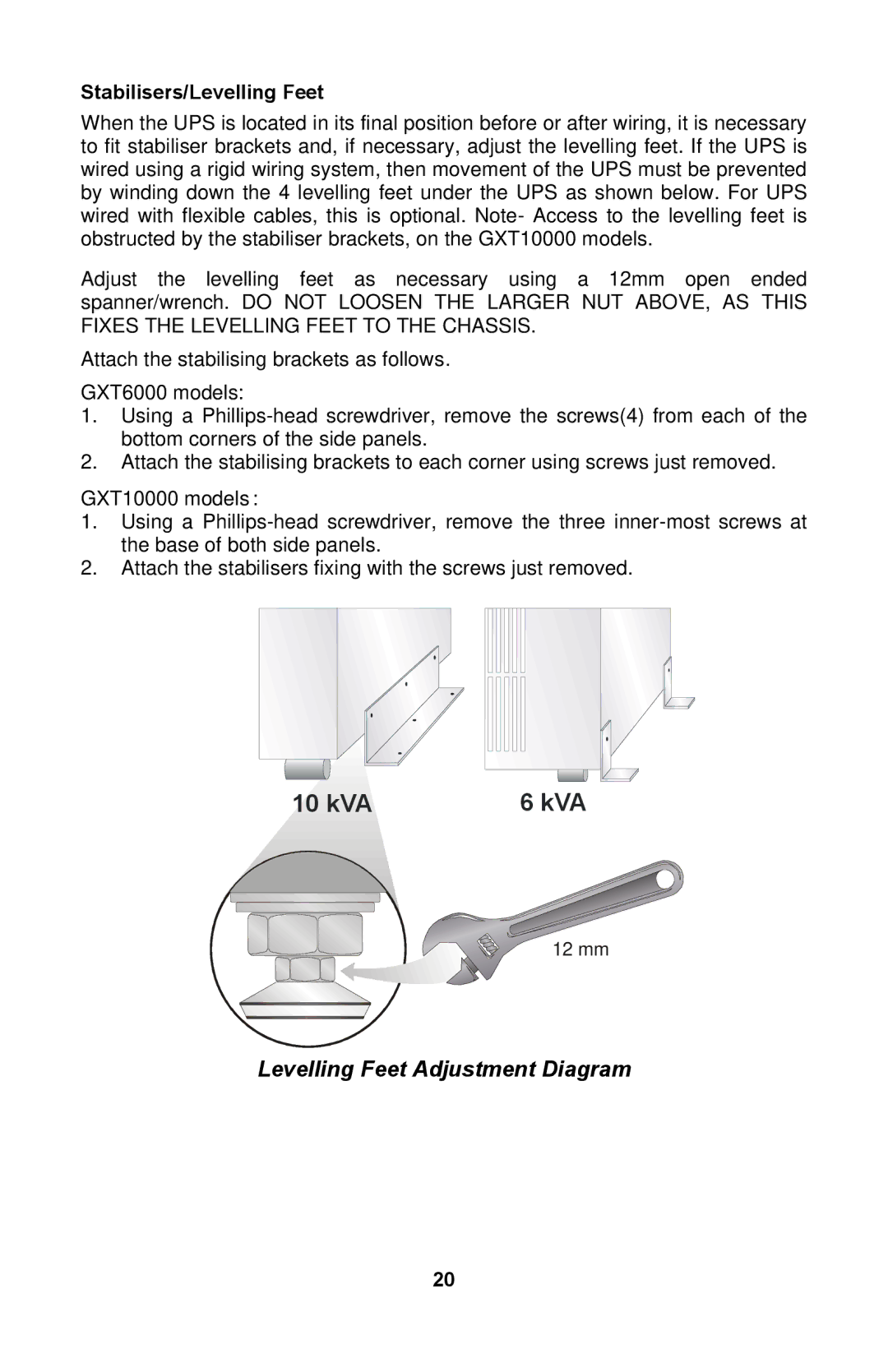 Liebert GXTTM user manual Stabilisers/Levelling Feet 