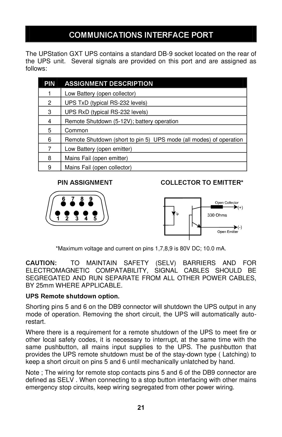 Liebert GXTTM user manual PIN Assignment Collector to Emitter, UPS Remote shutdown option 