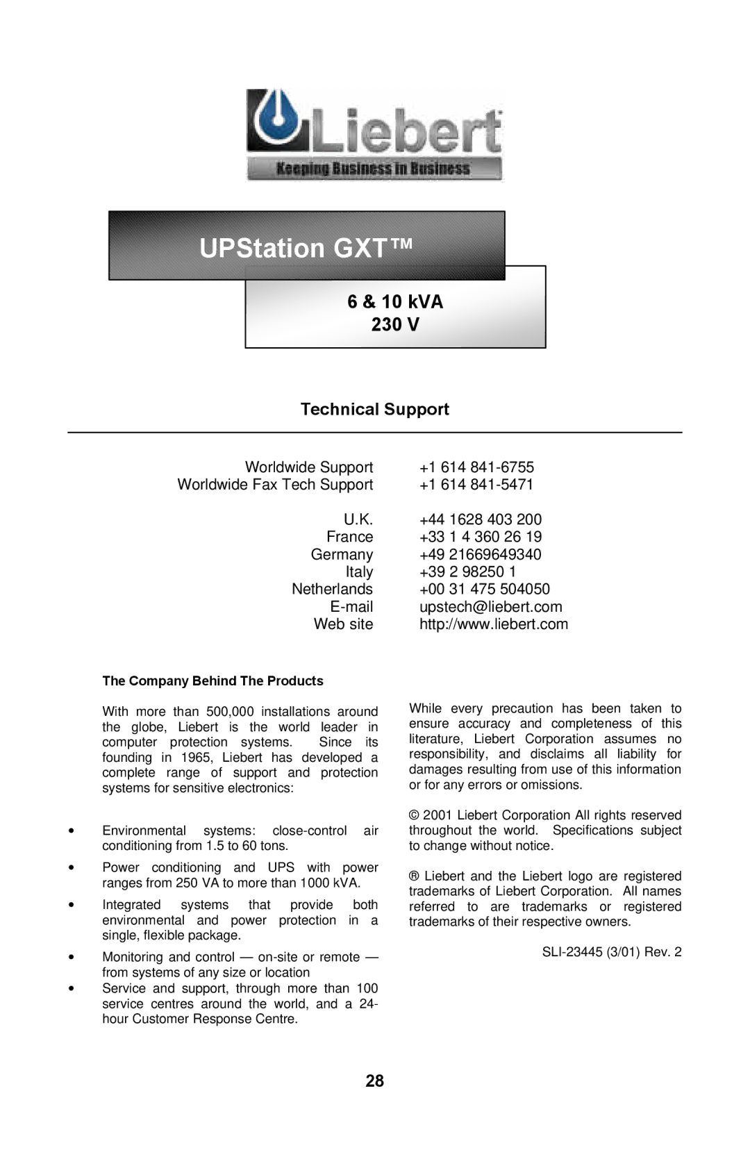 Liebert GXTTM user manual UPStation GXT, Technical Support 