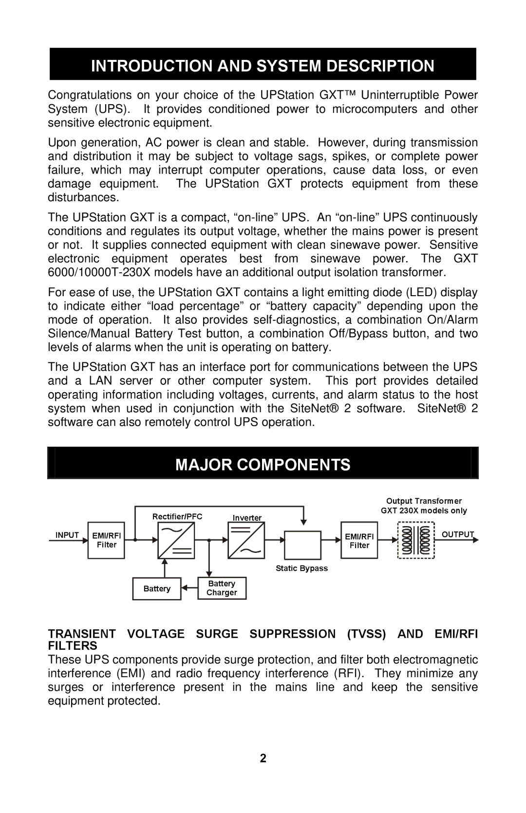 Liebert GXTTM user manual Introduction and System Description, Major Components 