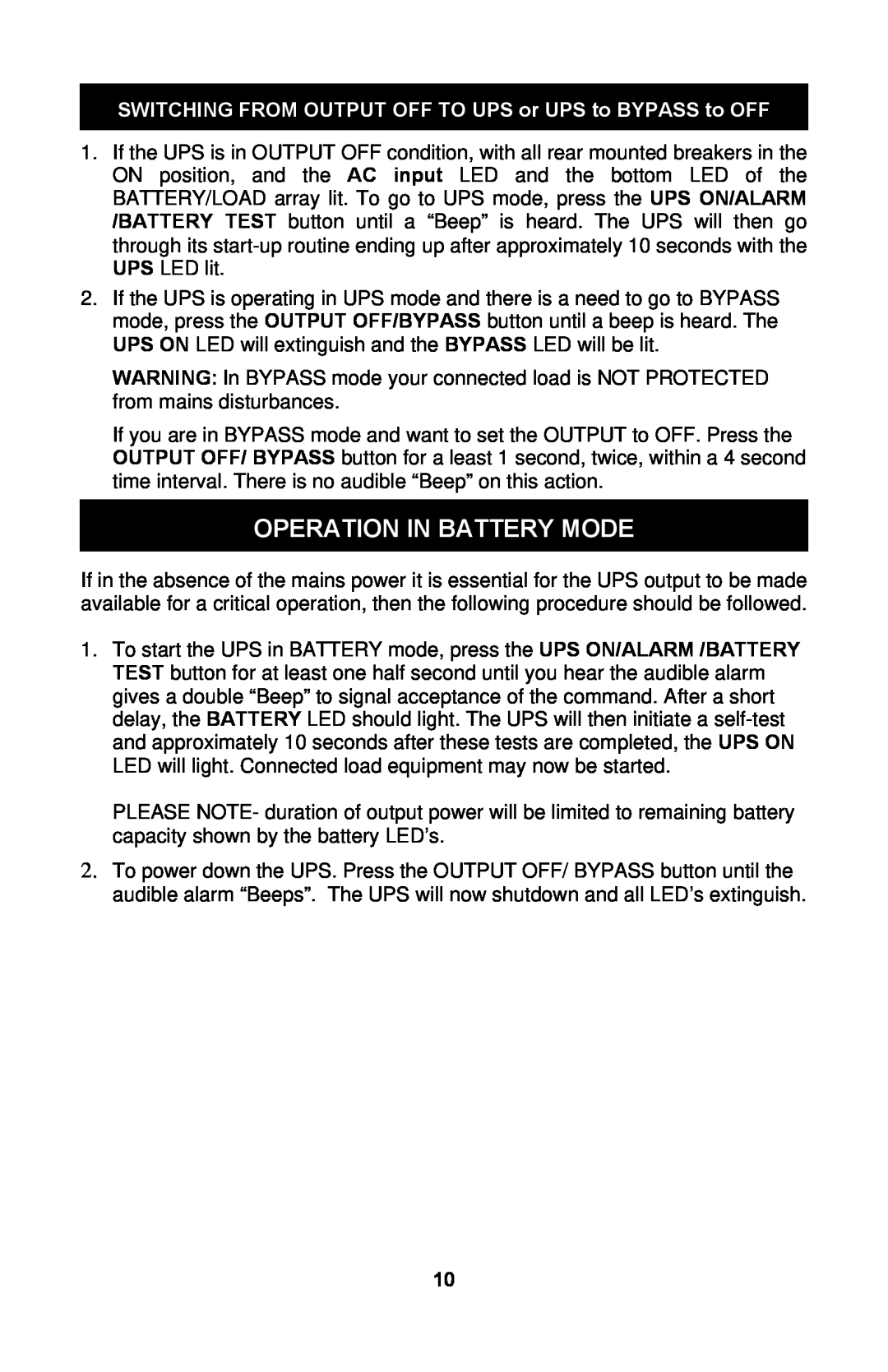 Liebert GXTTM user manual Operation In Battery Mode, SWITCHING FROM OUTPUT OFF TO UPS or UPS to BYPASS to OFF 