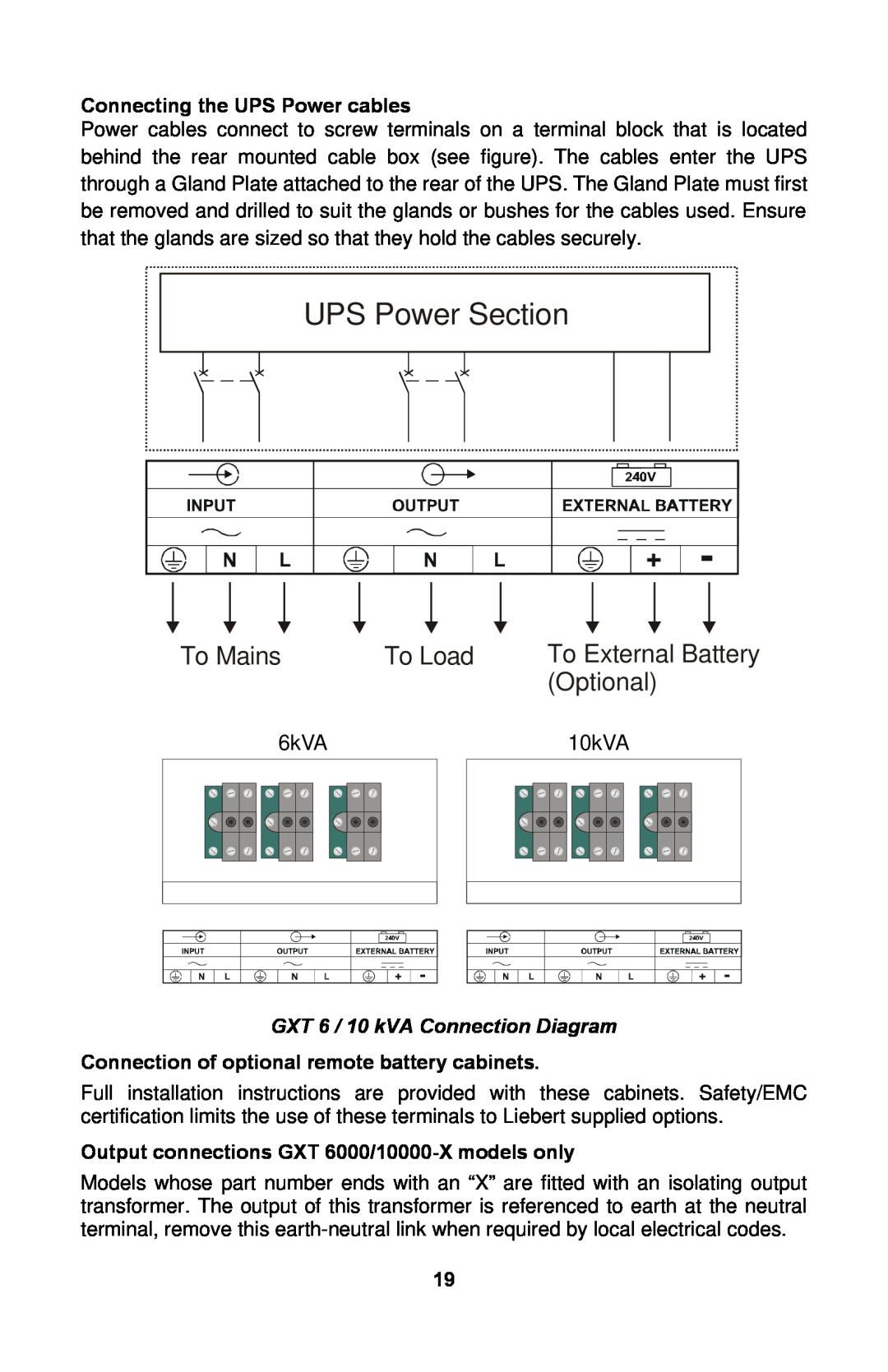 Liebert GXTTM UPS Power Section, To Mains, To Load, To External Battery, Optional, Connecting the UPS Power cables 