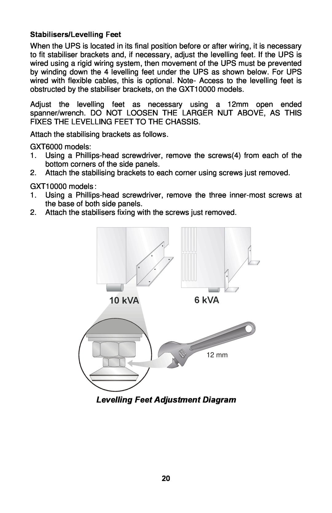 Liebert GXTTM user manual 10 kVA, 6 kVA, Levelling Feet Adjustment Diagram, Stabilisers/Levelling Feet 