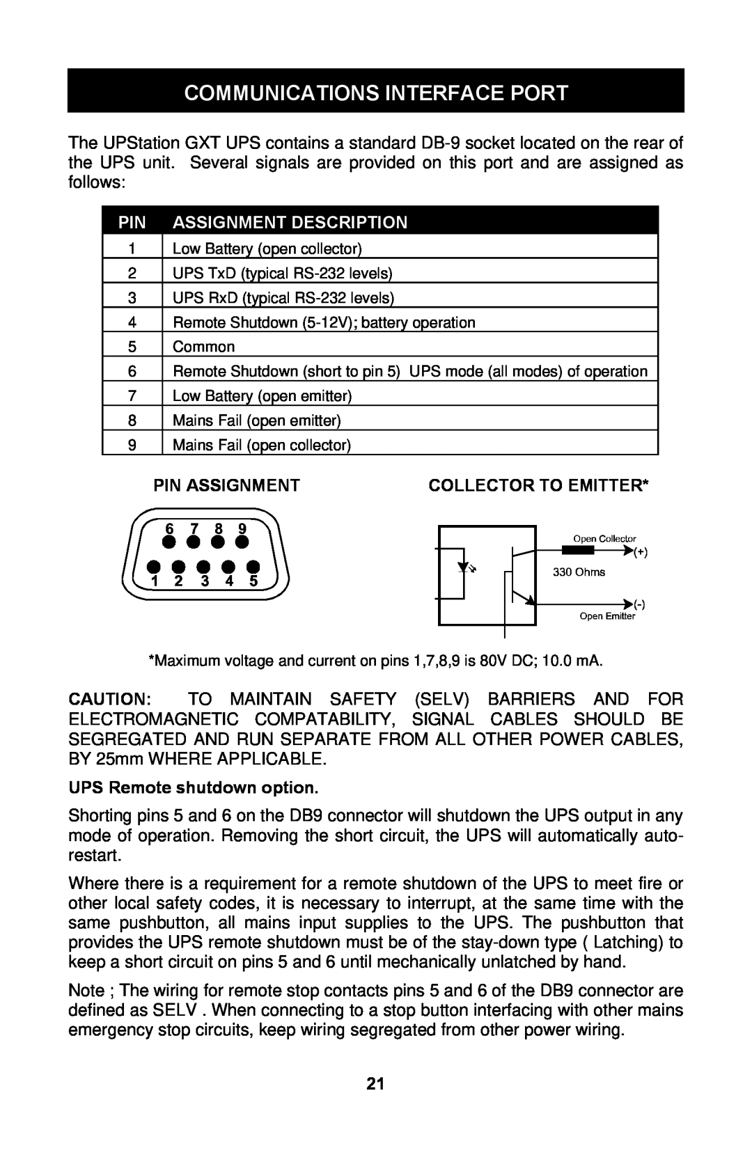 Liebert GXTTM user manual Communications Interface Port, Assignment Description, Pin Assignment, Collector To Emitter 