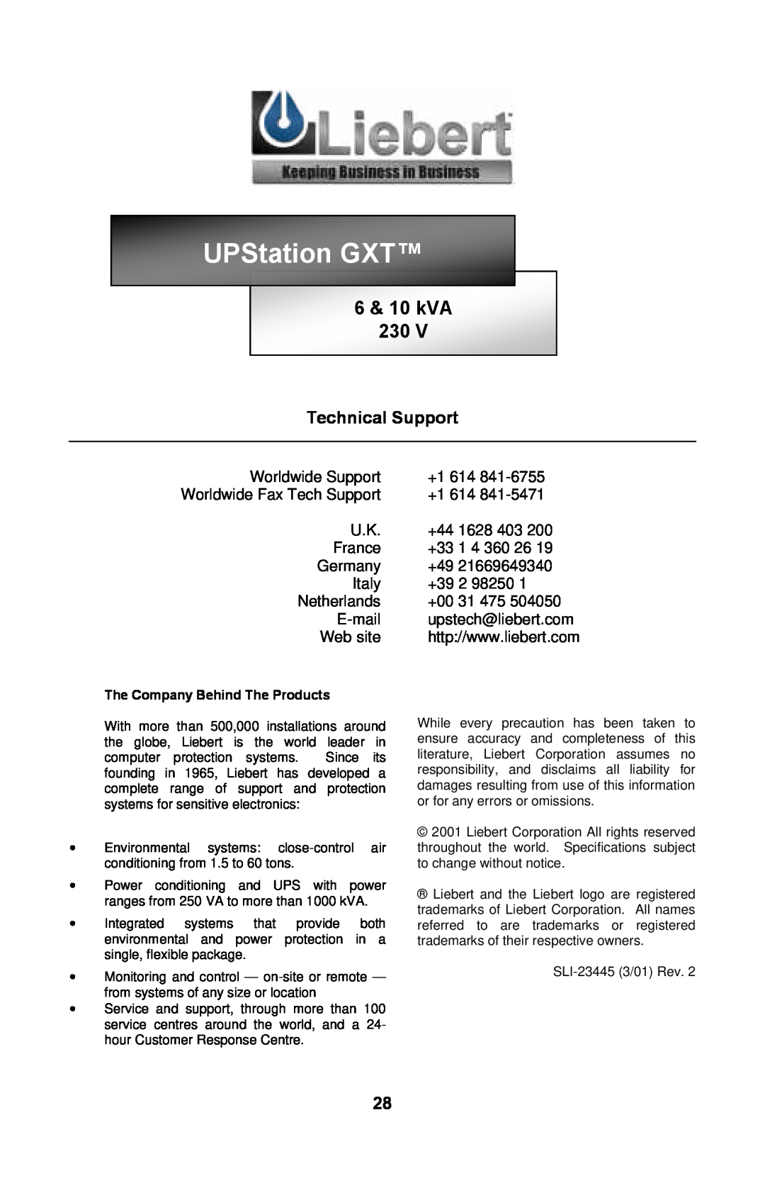 Liebert GXTTM user manual 6 & 10 kVA 230, UPStation GXT, Technical Support 