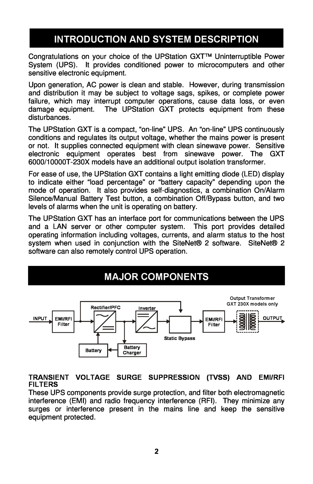 Liebert GXTTM user manual Introduction And System Description, Major Components 