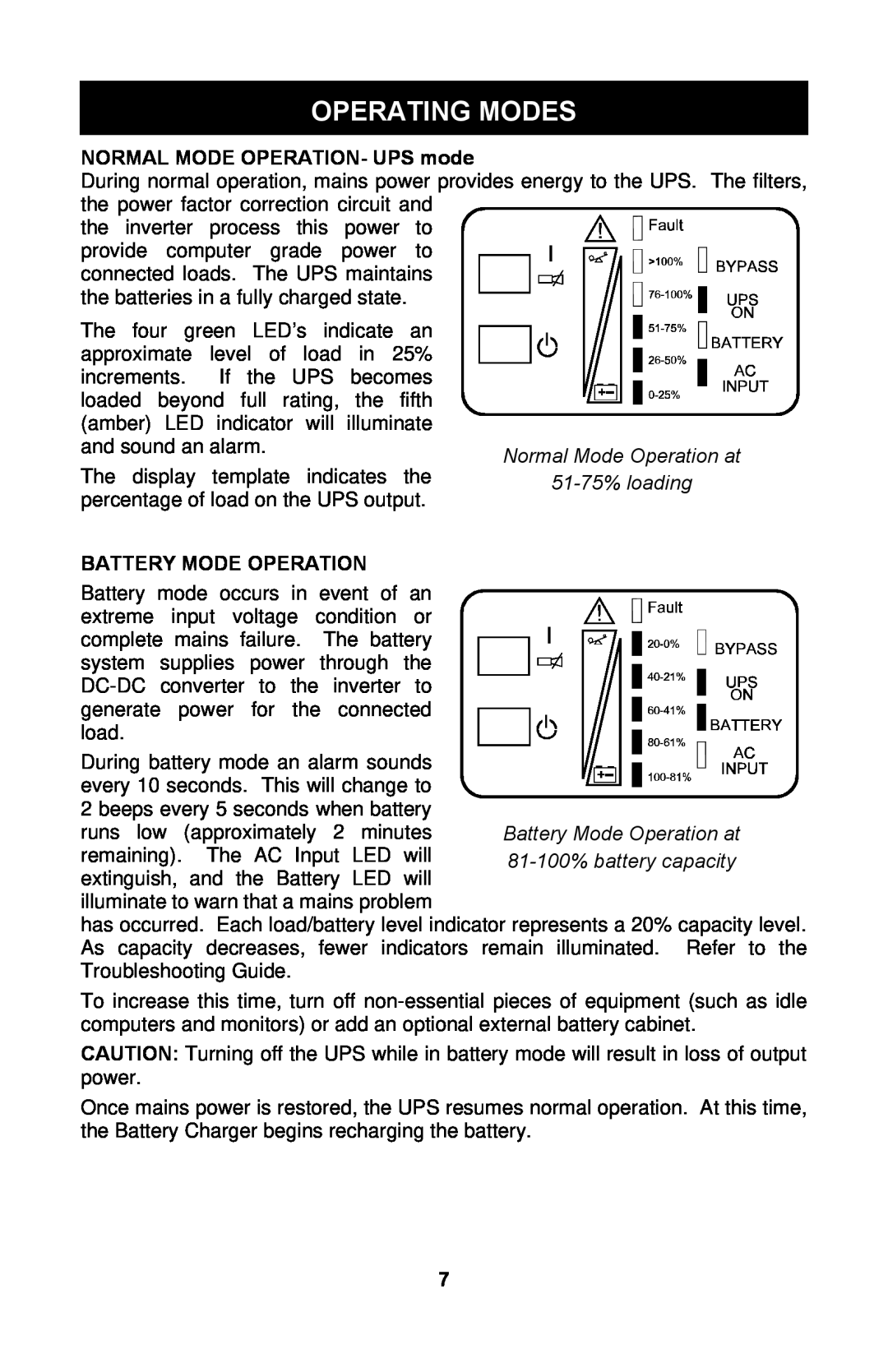 Liebert GXTTM user manual Operating Modes, NORMAL MODE OPERATION- UPS mode, Battery Mode Operation 