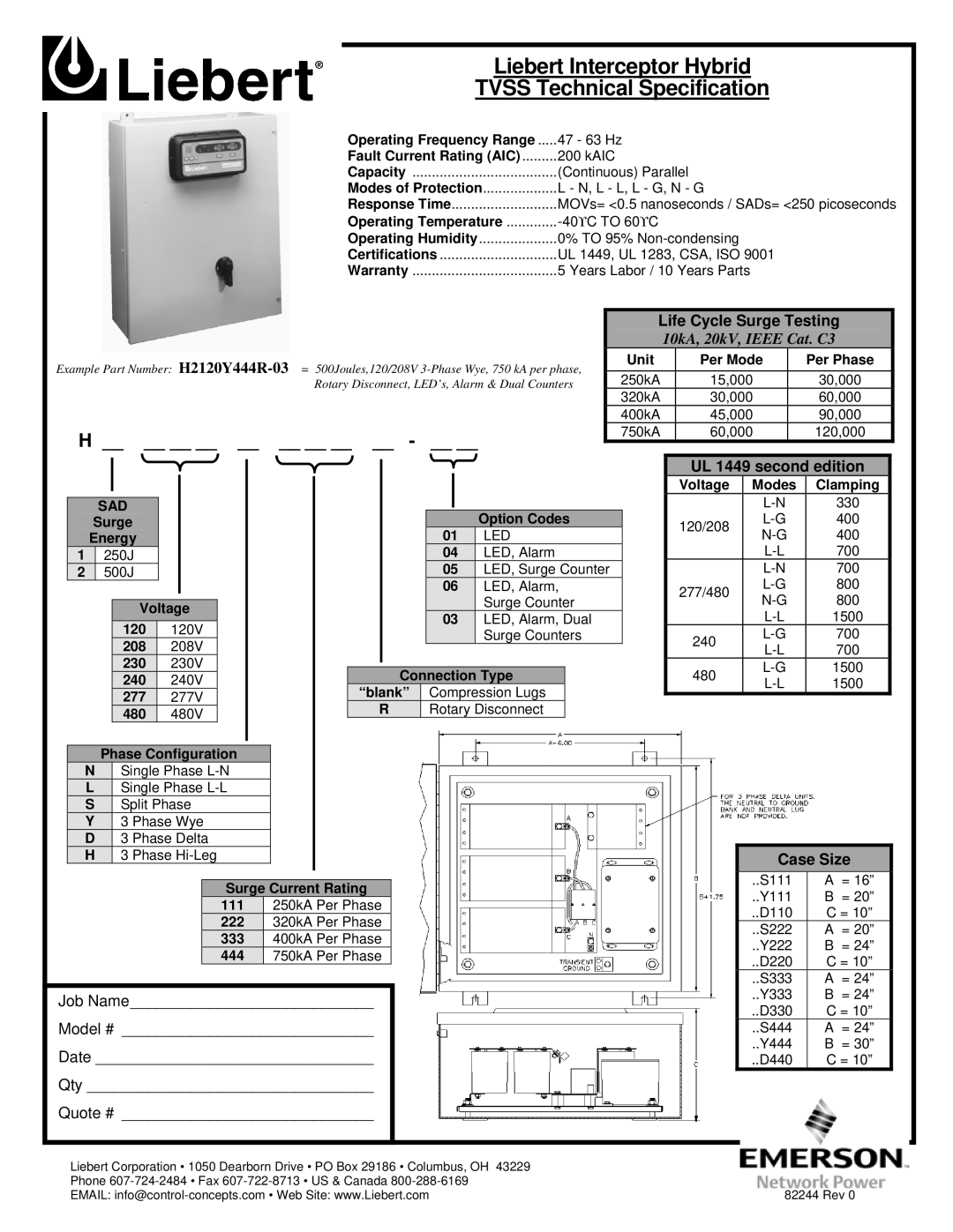 Liebert H2120Y444R-03 warranty Liebert Interceptor Hybrid Tvss Technical Specification, Life Cycle Surge Testing 